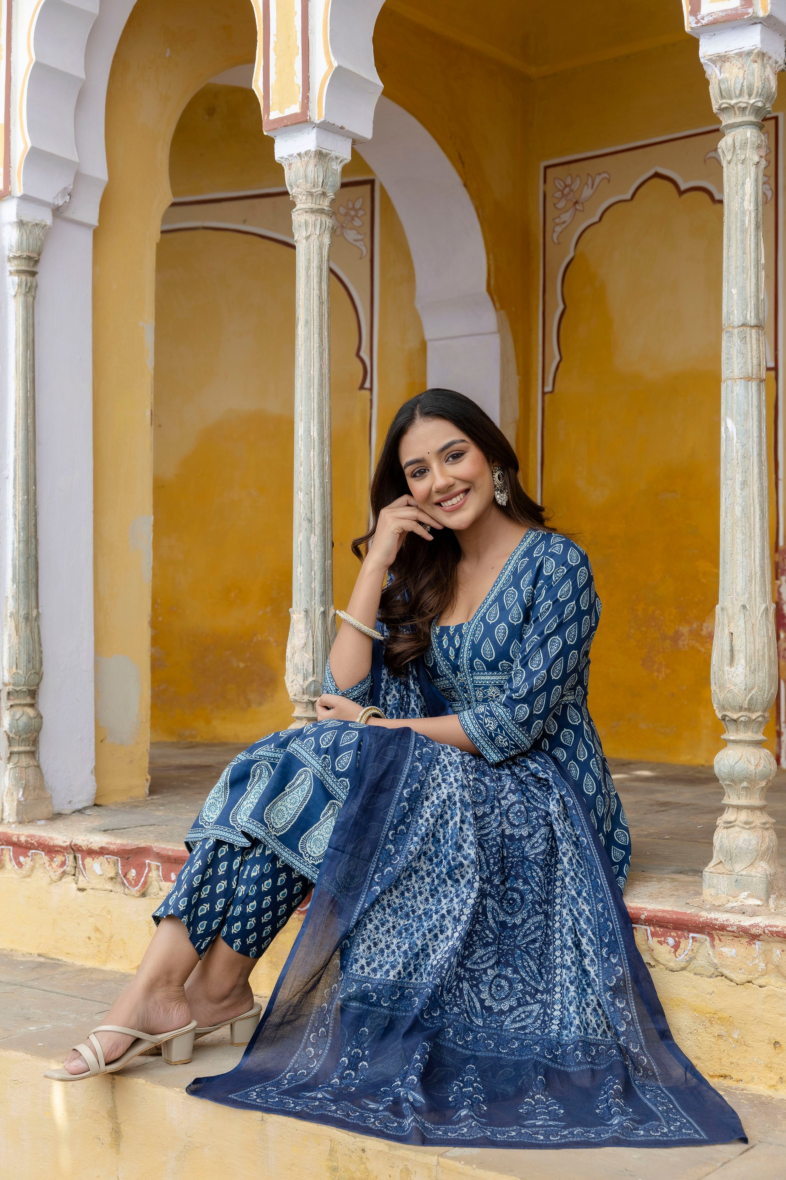 Ethnic Printed Anarkali Kurta with matching Pant & a flowy Dupatta
