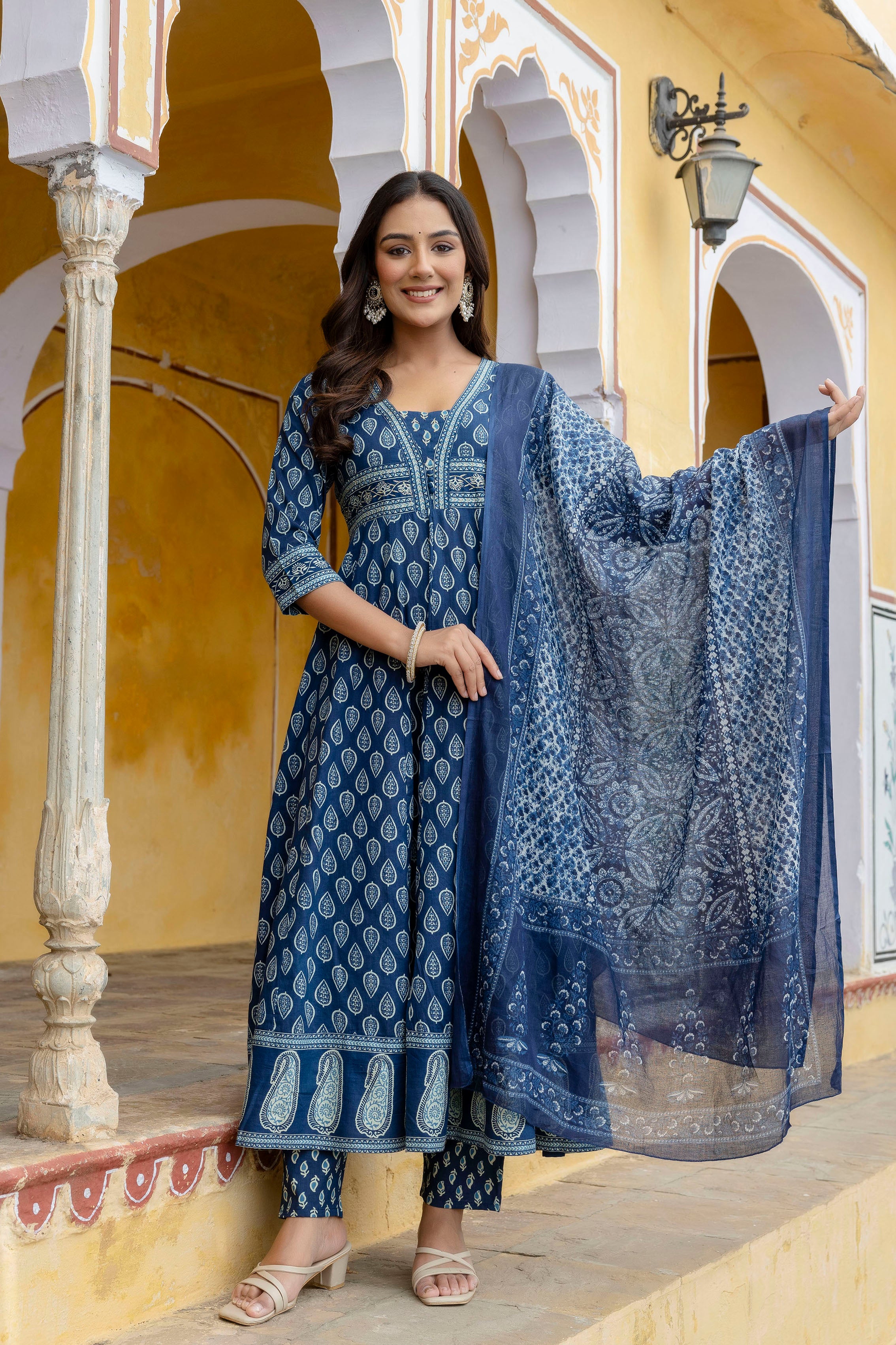 Ethnic Printed Anarkali Kurta with matching Pant & a flowy Dupatta