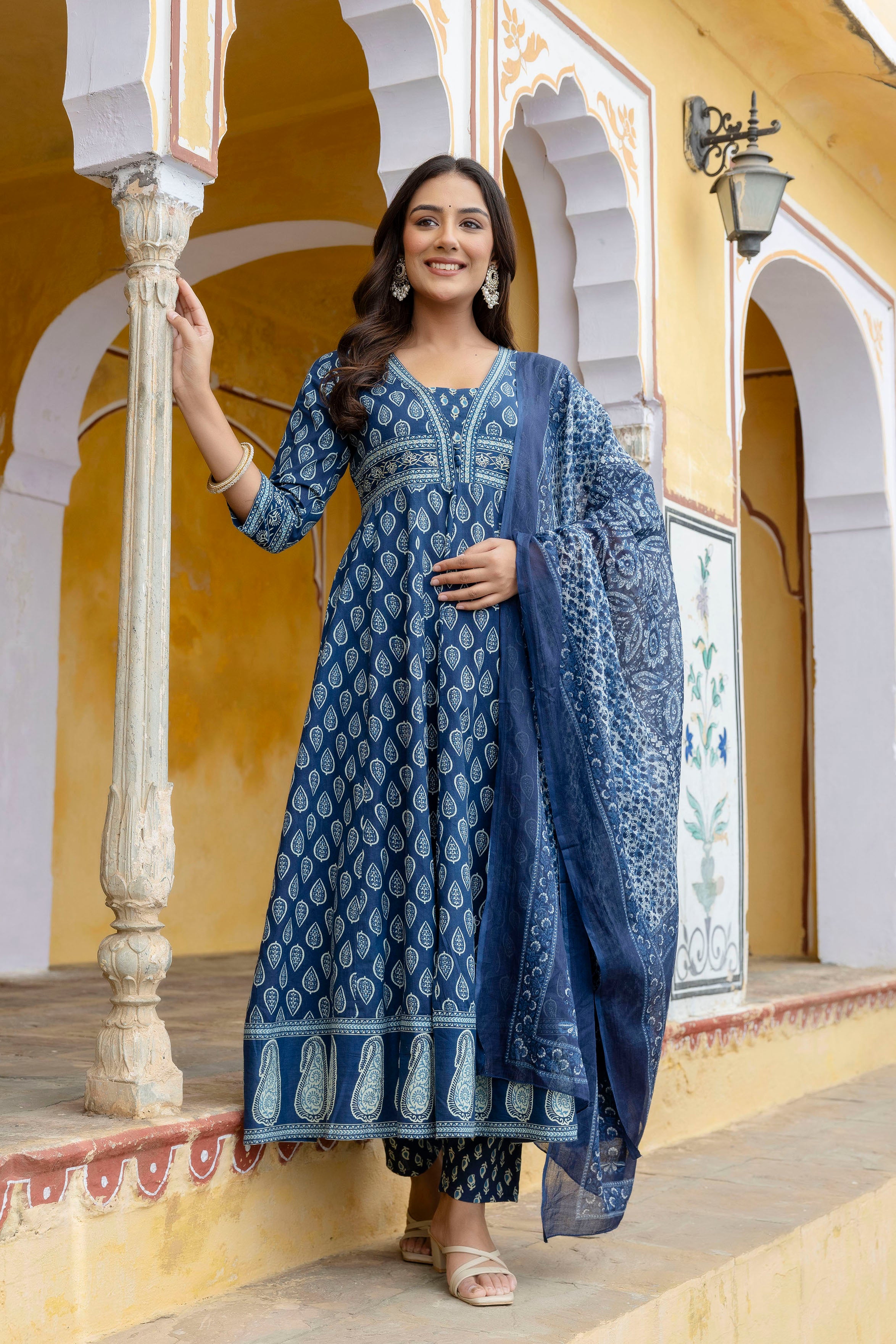 Ethnic Printed Anarkali Kurta with matching Pant & a flowy Dupatta