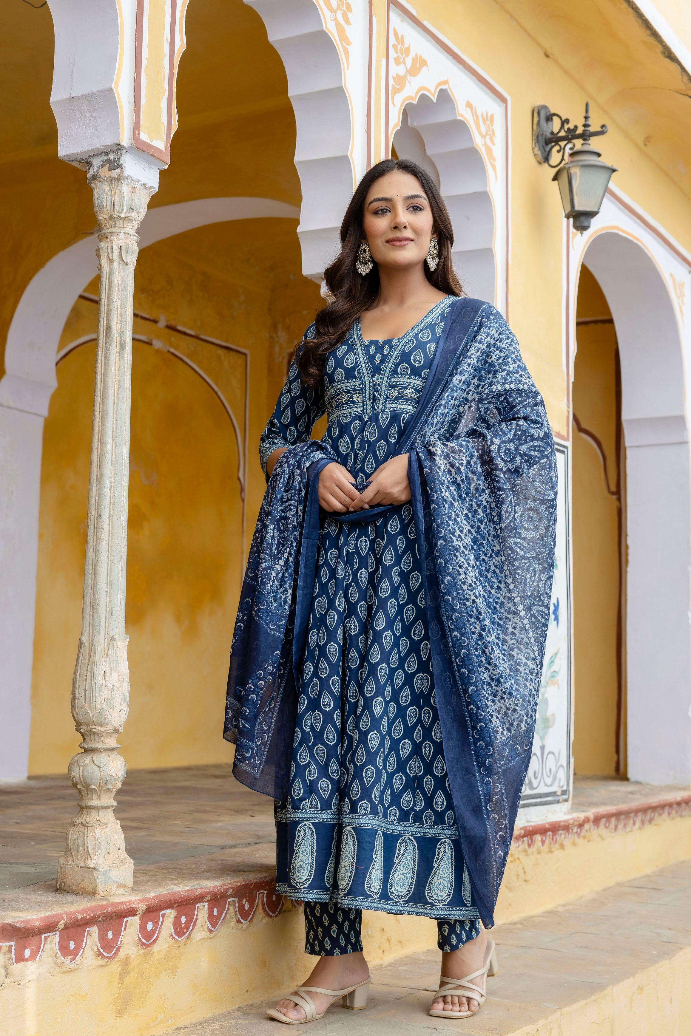 Ethnic Printed Anarkali Kurta with matching Pant & a flowy Dupatta