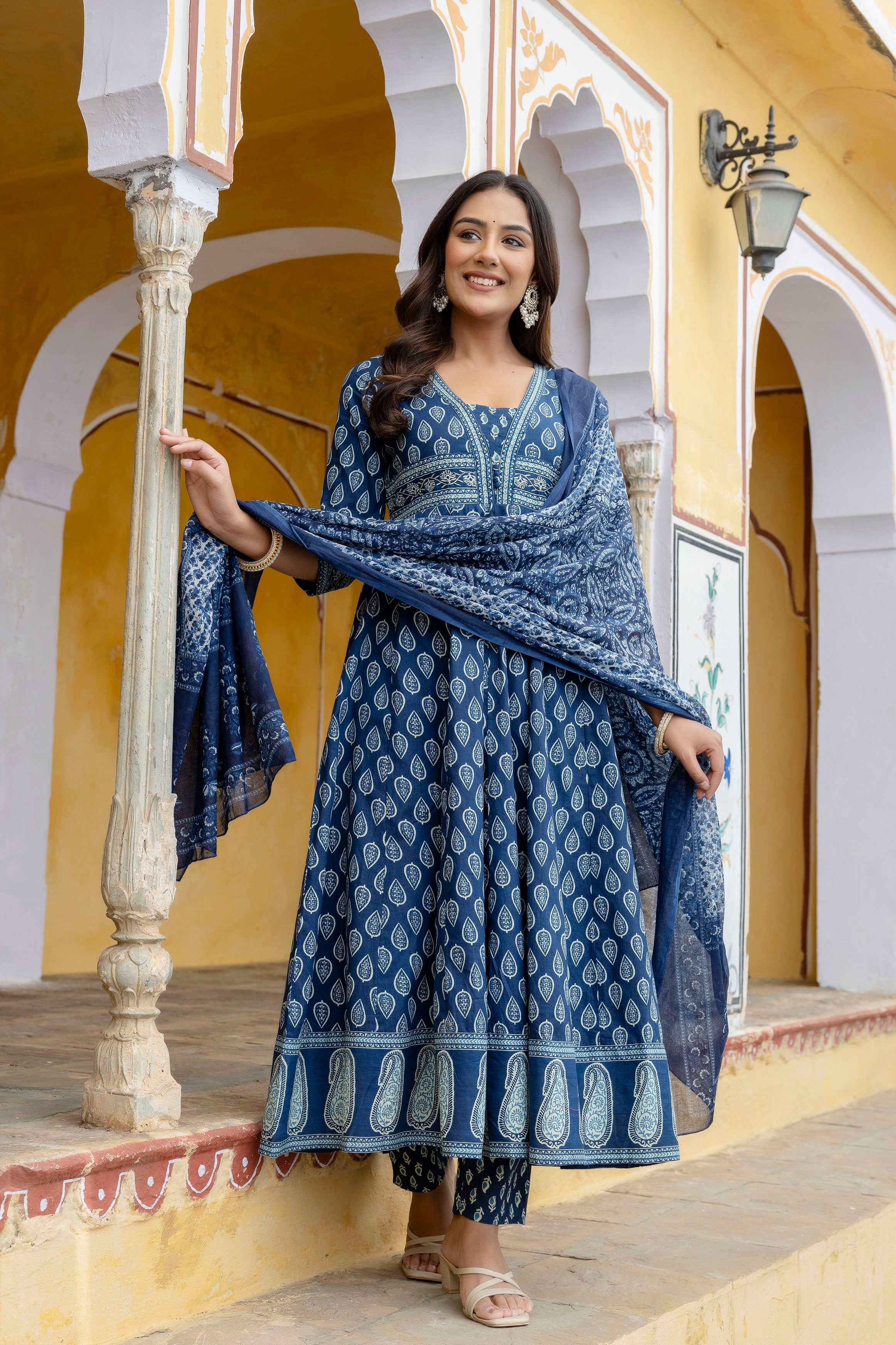 Ethnic Printed Anarkali Kurta with matching Pant & a flowy Dupatta