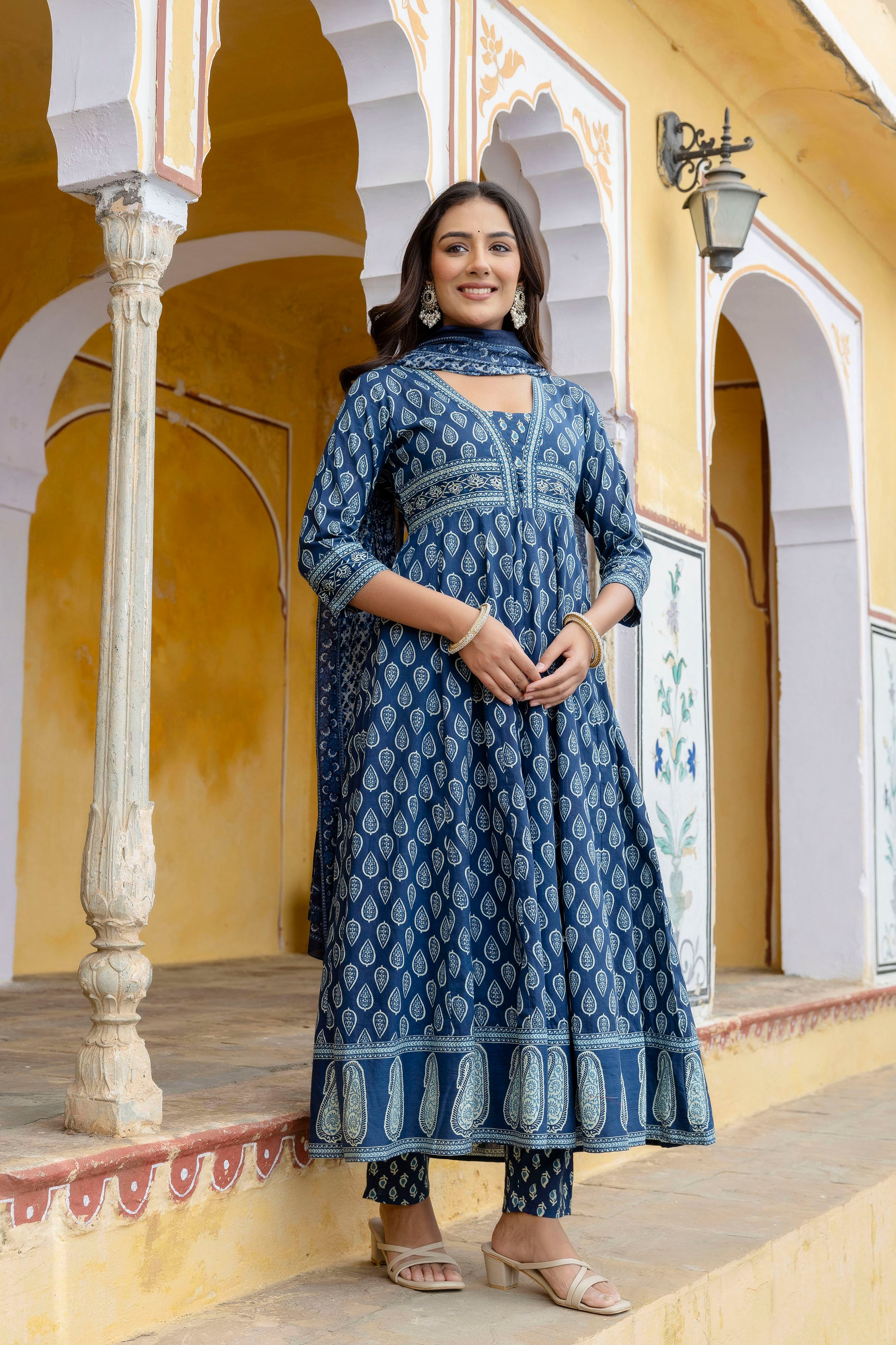 Ethnic Printed Anarkali Kurta with matching Pant & a flowy Dupatta