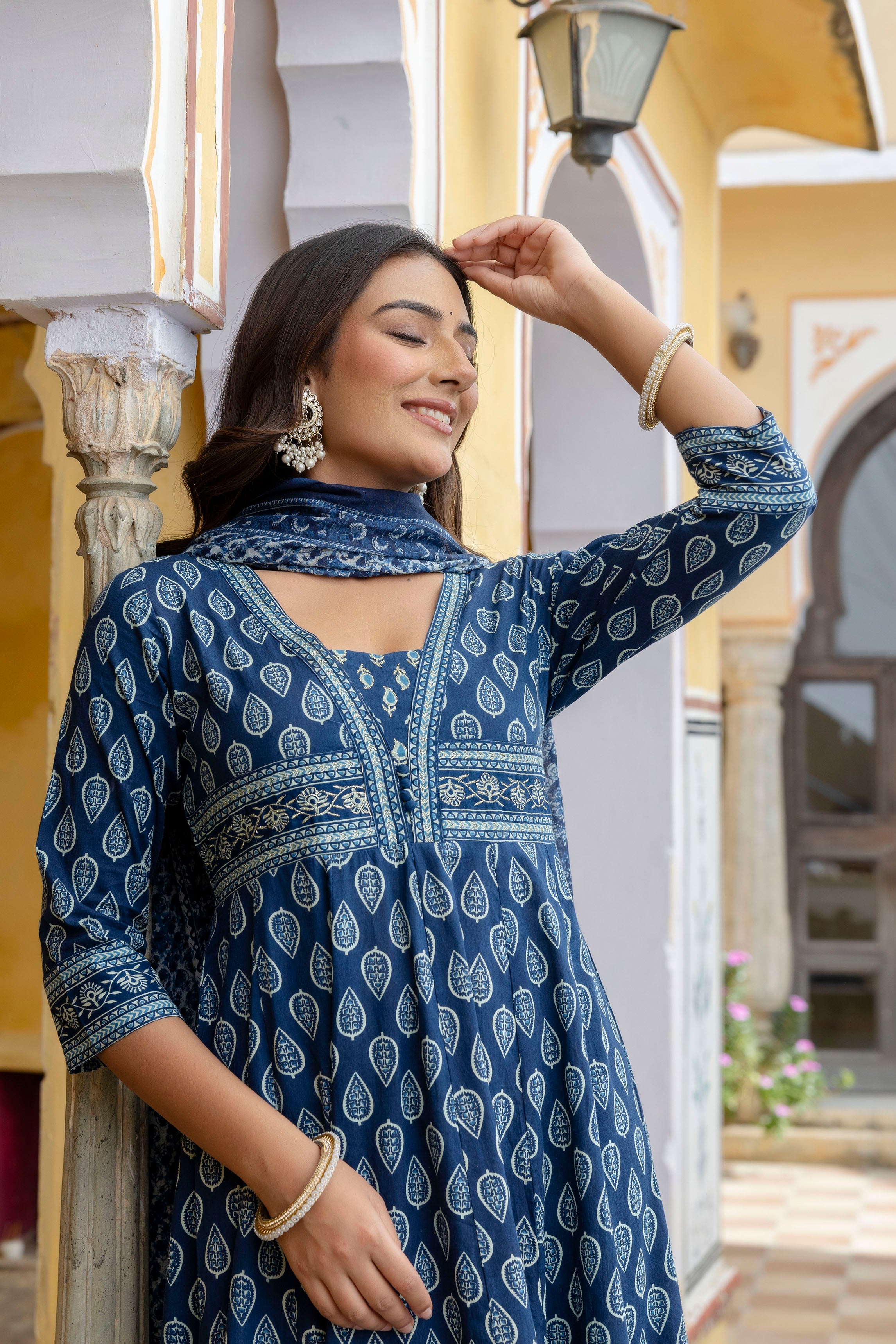 Ethnic Printed Anarkali Kurta with matching Pant & a flowy Dupatta