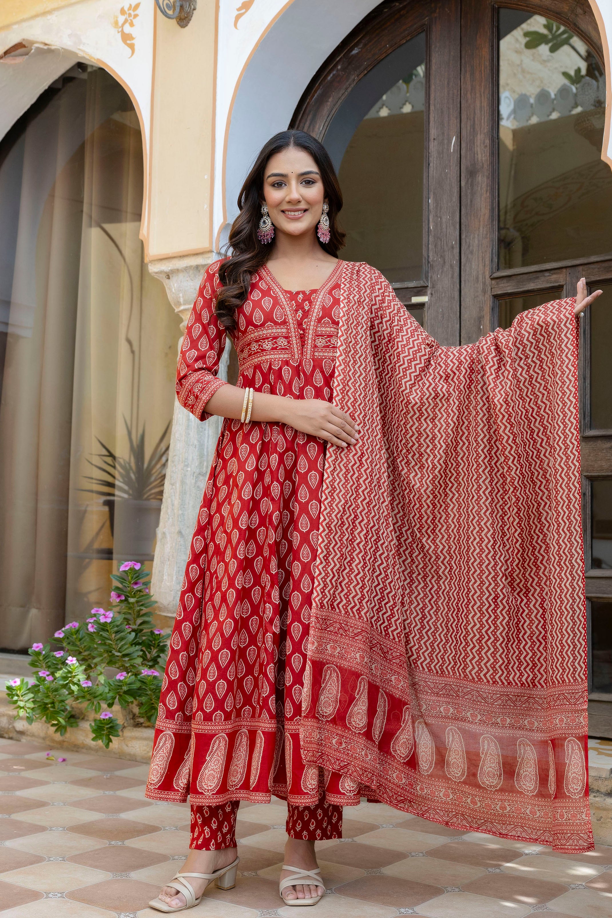 Ethnic Printed Anarkali Kurta with matching Pant & a flowy Dupatta