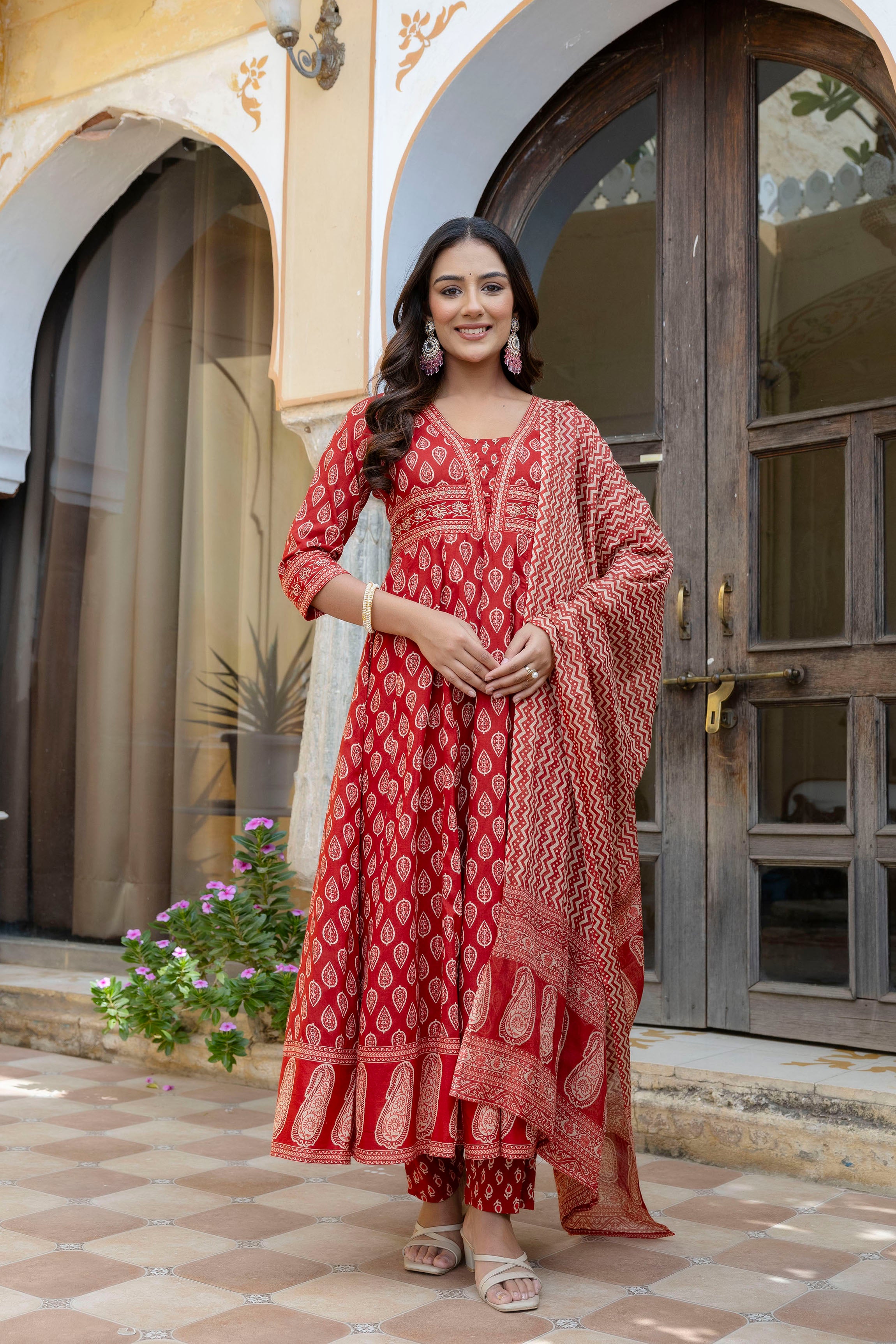 Ethnic Printed Anarkali Kurta with matching Pant & a flowy Dupatta