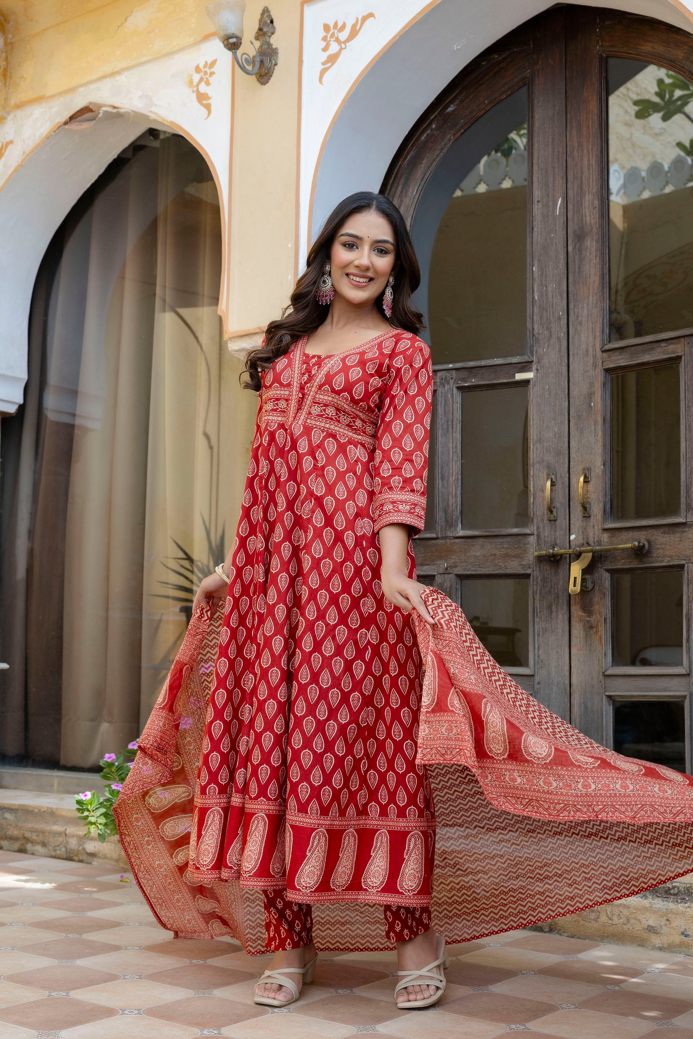 Ethnic Printed Anarkali Kurta with matching Pant & a flowy Dupatta