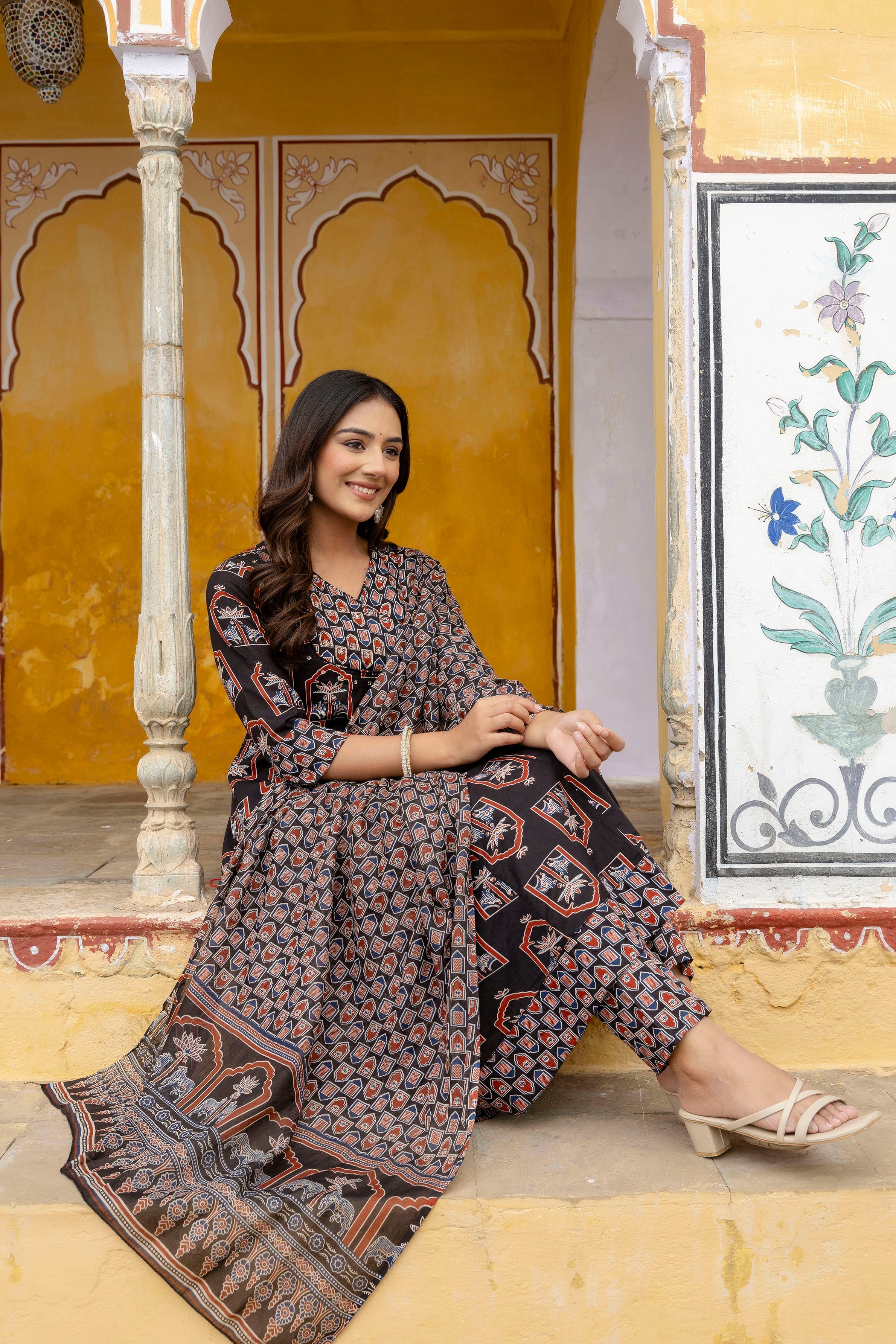 Ajrakh-inspired ethnic handblock printed Angarkha style Kurta with Pant & Printed Dupatta