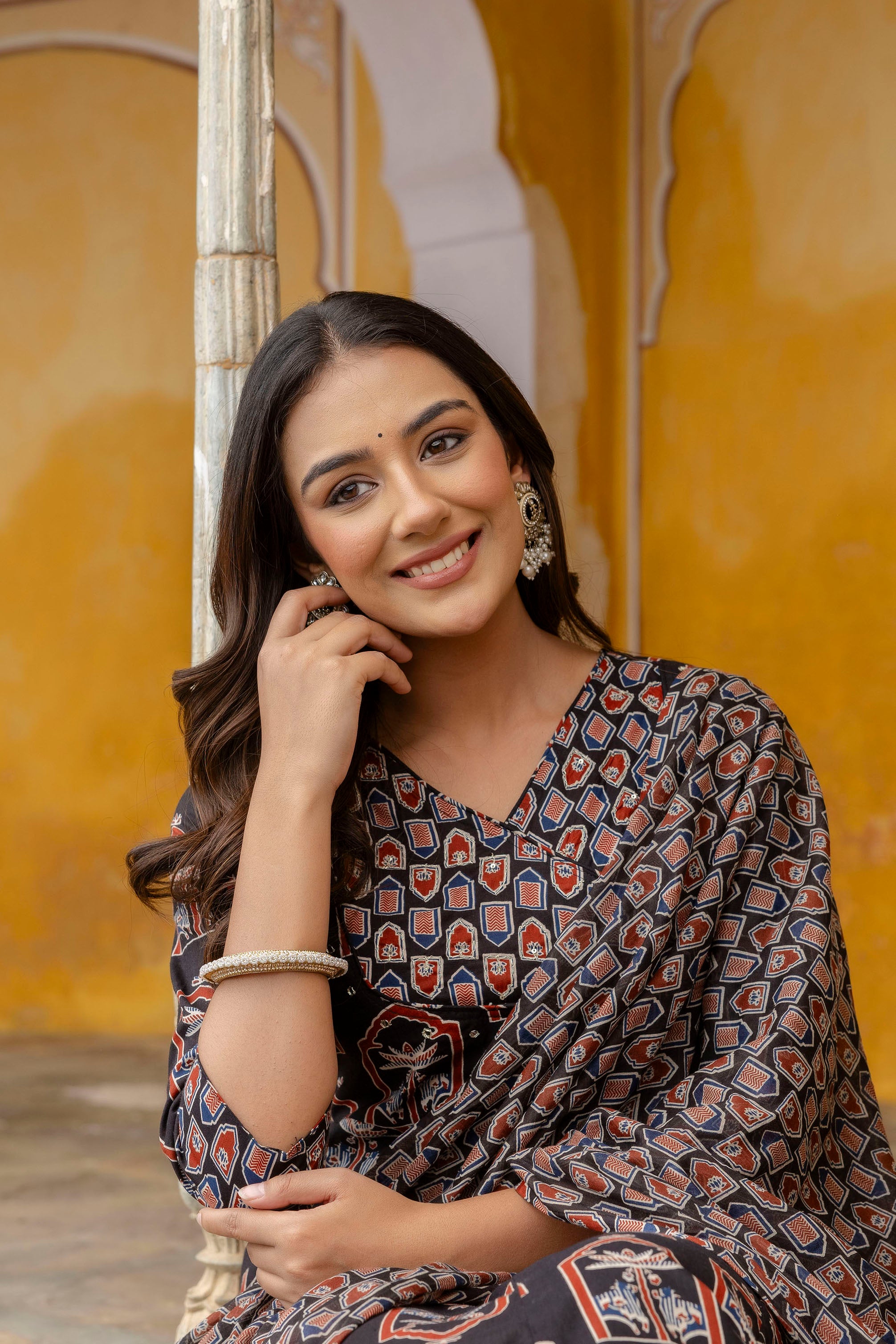 Ajrakh-inspired ethnic handblock printed Angarkha style Kurta with Pant & Printed Dupatta