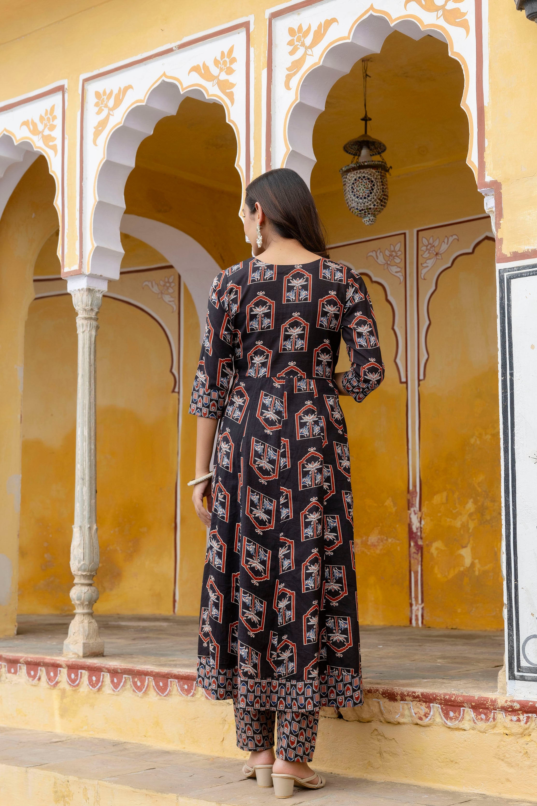Ajrakh-inspired ethnic handblock printed Angarkha style Kurta with Pant & Printed Dupatta