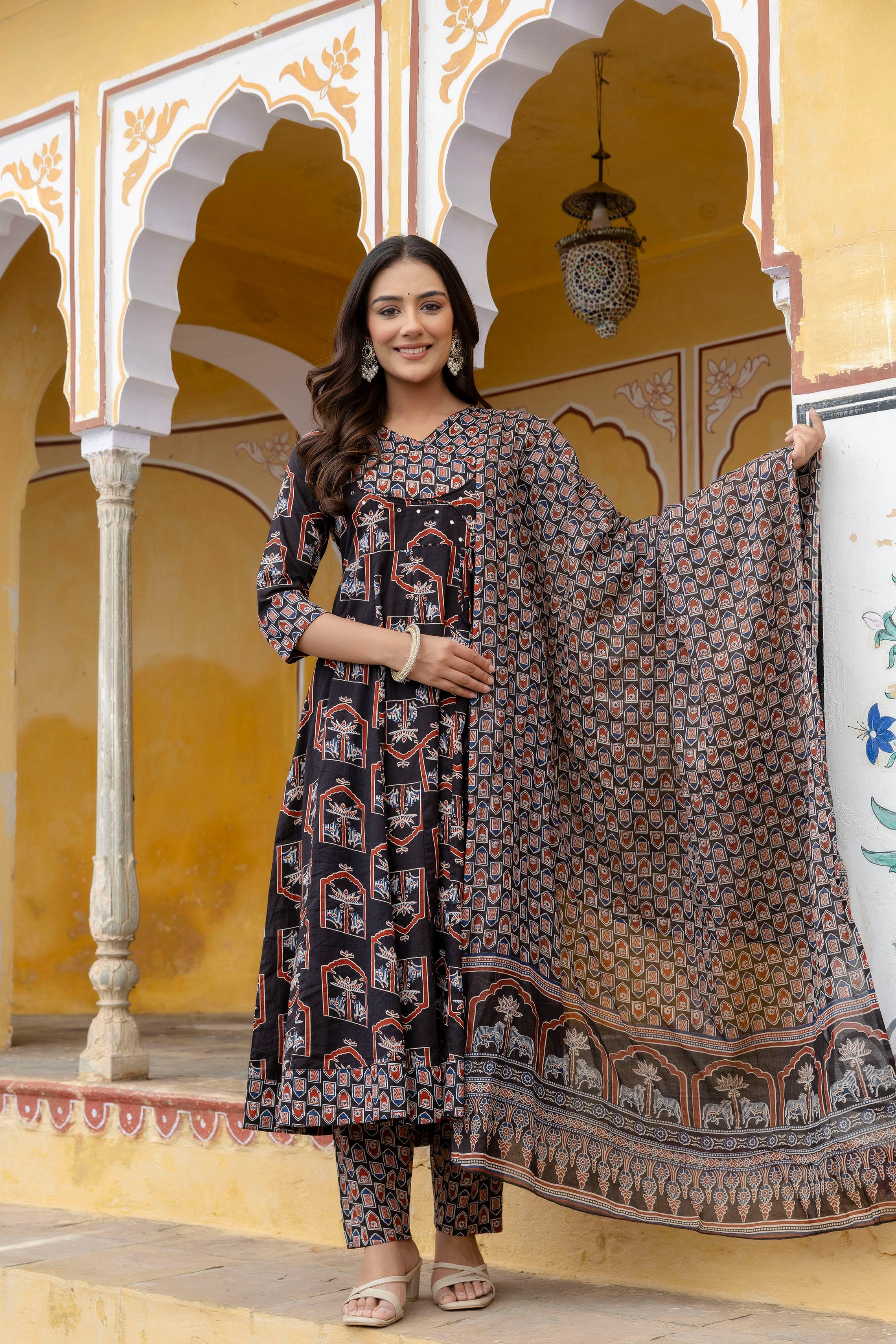 Ajrakh-inspired ethnic handblock printed Angarkha style Kurta with Pant & Printed Dupatta