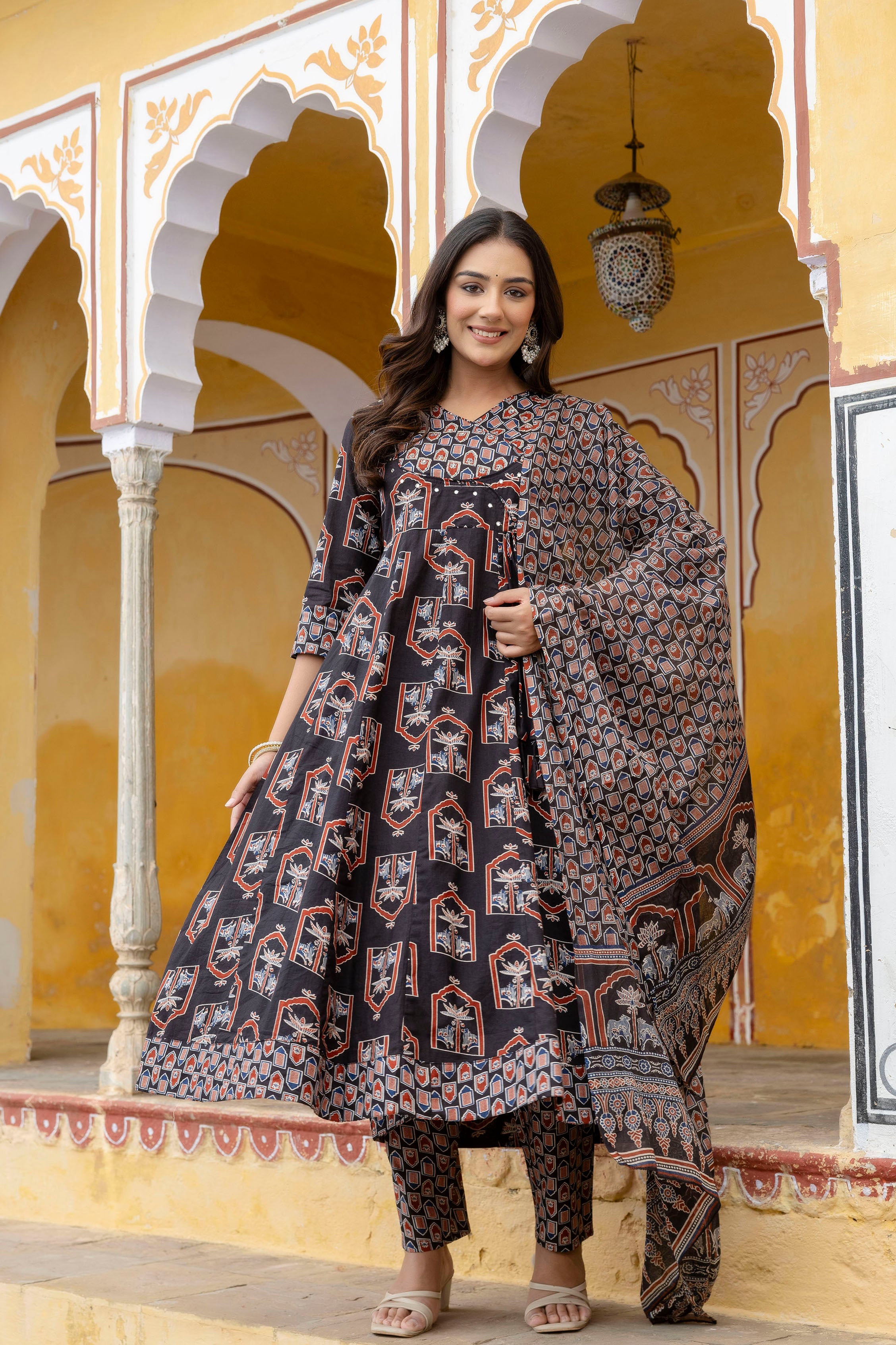 Ajrakh-inspired ethnic handblock printed Angarkha style Kurta with Pant & Printed Dupatta