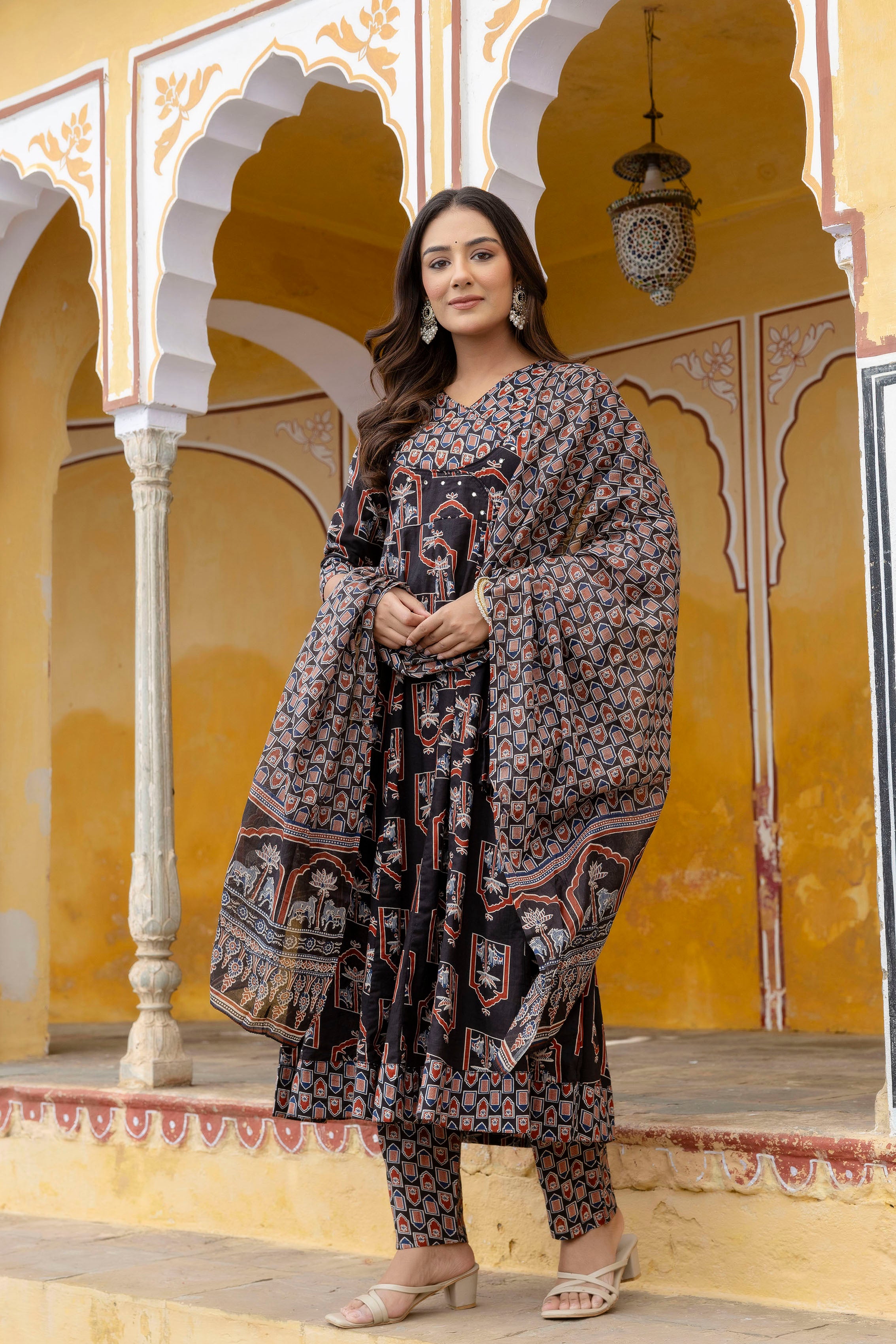Ajrakh-inspired ethnic handblock printed Angarkha style Kurta with Pant & Printed Dupatta