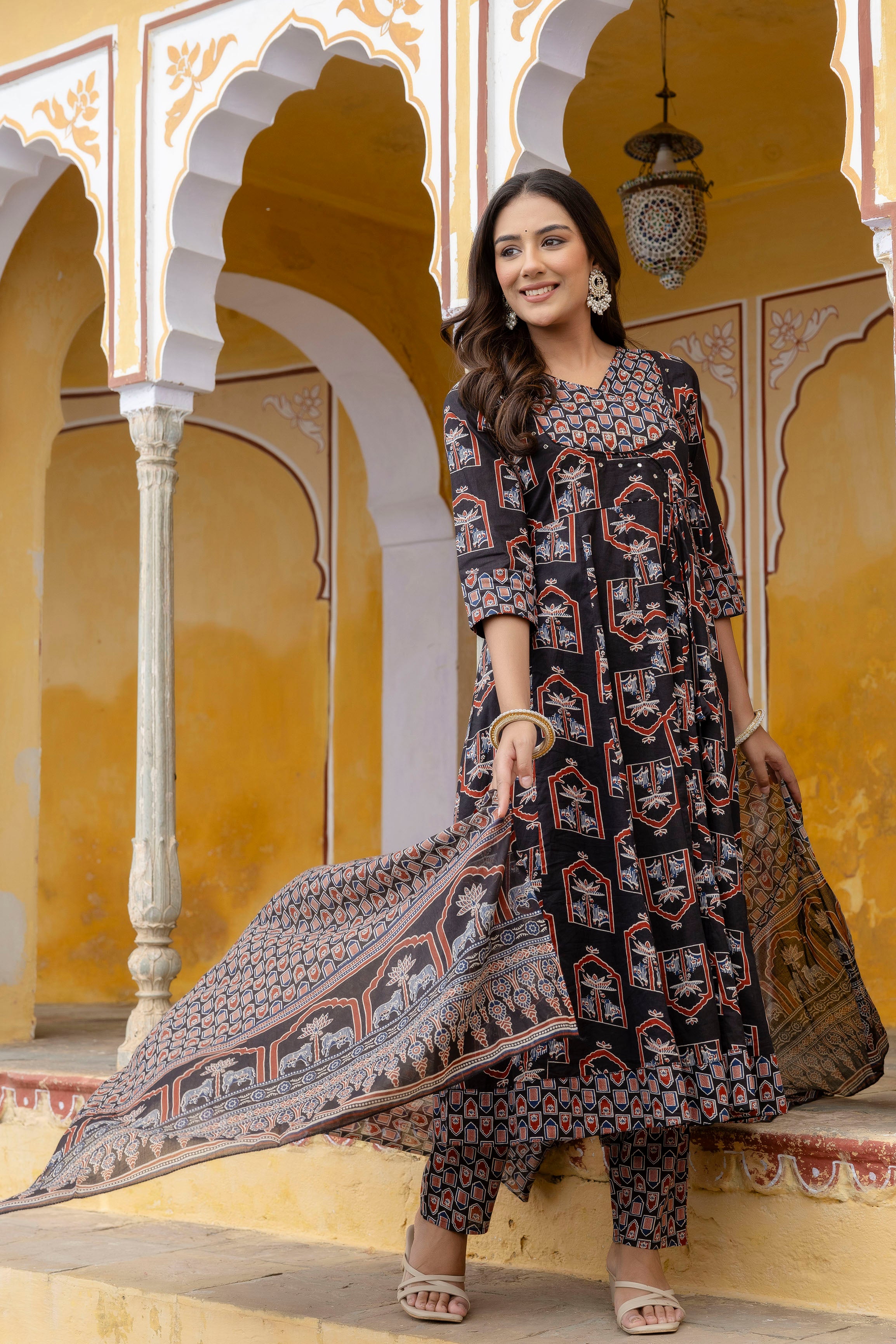Ajrakh-inspired ethnic handblock printed Angarkha style Kurta with Pant & Printed Dupatta
