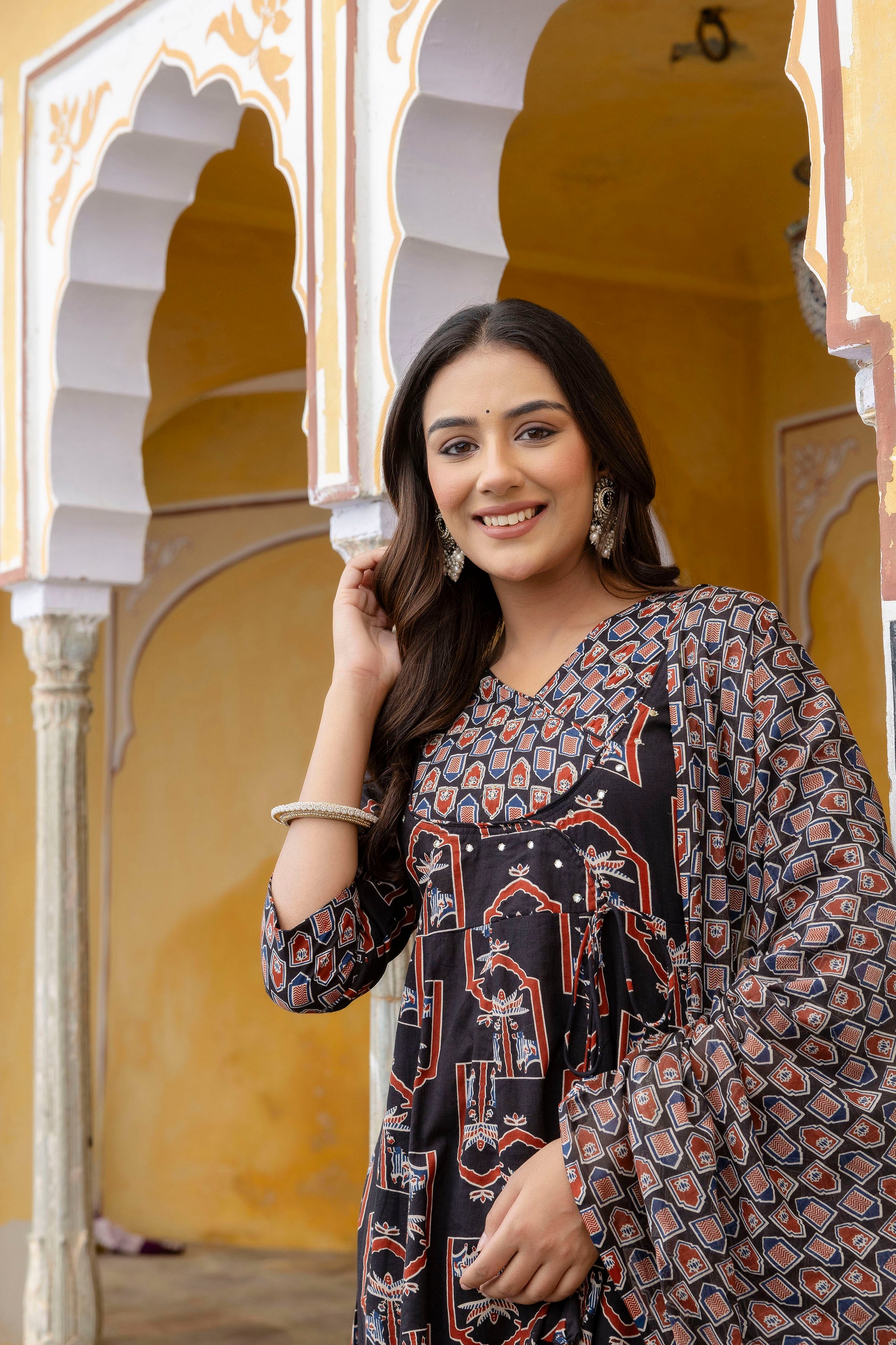 Ajrakh-inspired ethnic handblock printed Angarkha style Kurta with Pant & Printed Dupatta