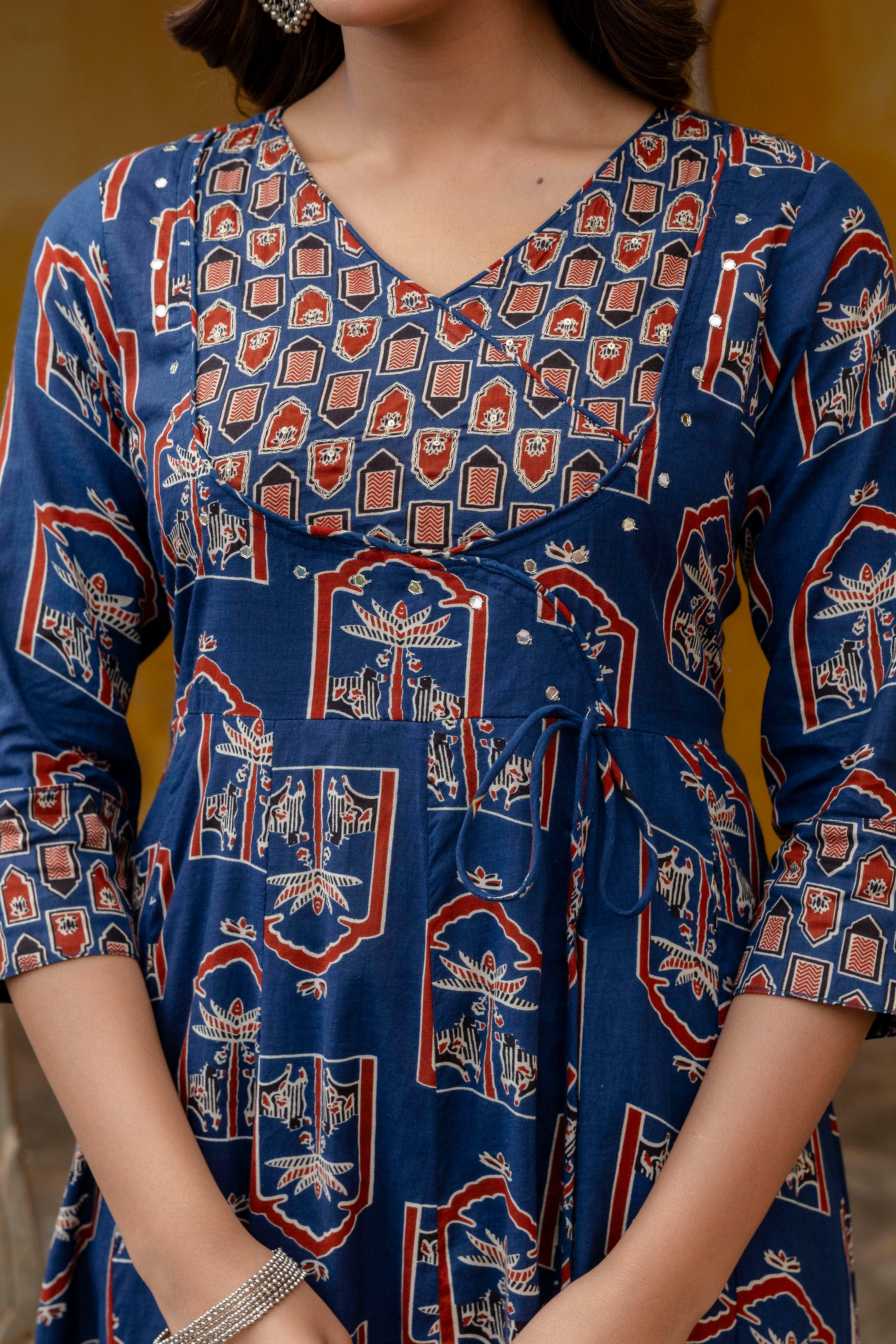 Ajrakh-inspired ethnic handblock printed Angarkha style Kurta with Pant & Printed Dupatta