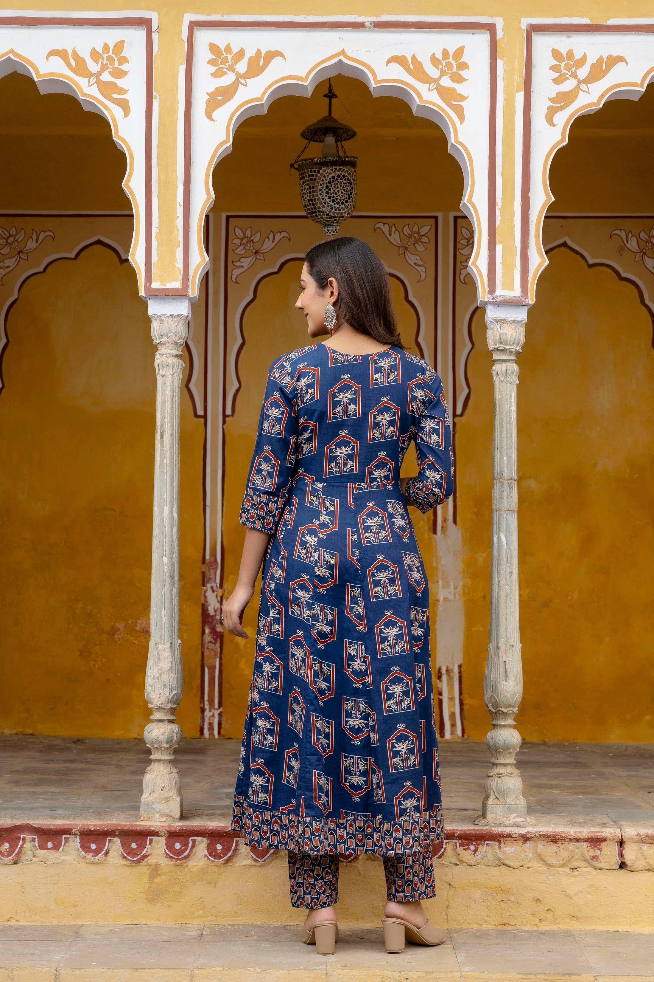 Ajrakh-inspired ethnic handblock printed Angarkha style Kurta with Pant & Printed Dupatta