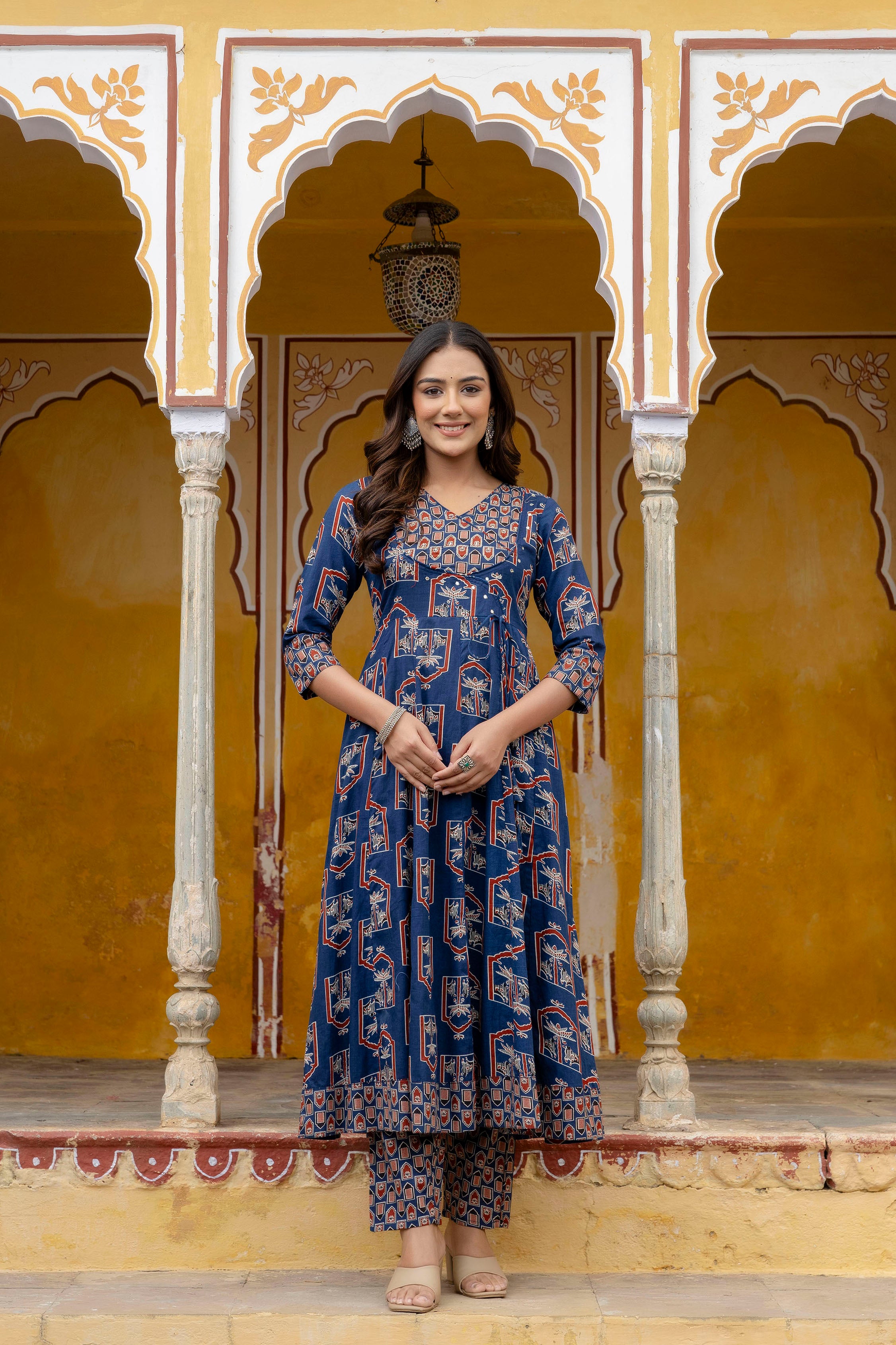 Ajrakh-inspired ethnic handblock printed Angarkha style Kurta with Pant & Printed Dupatta