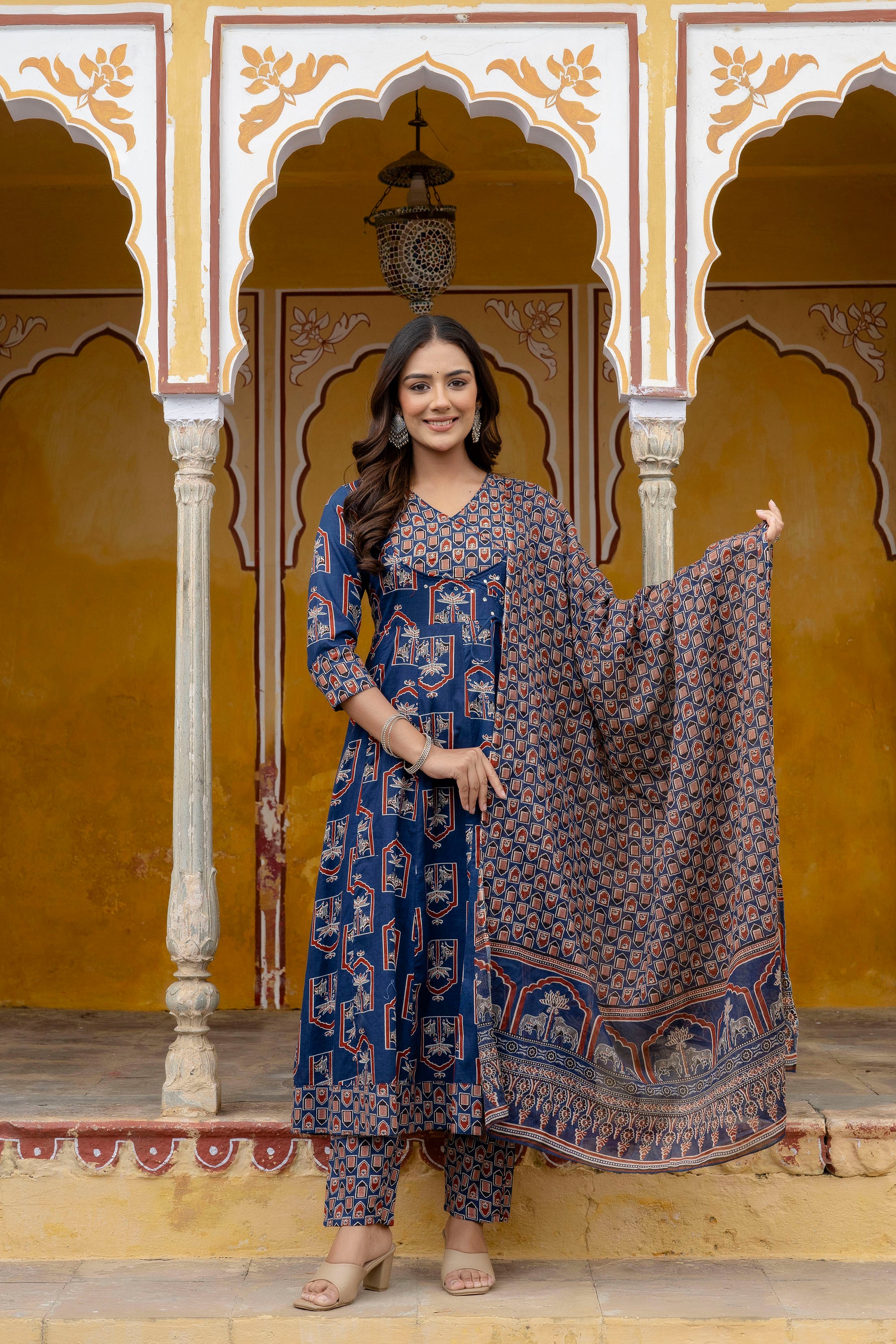 Ajrakh-inspired ethnic handblock printed Angarkha style Kurta with Pant & Printed Dupatta