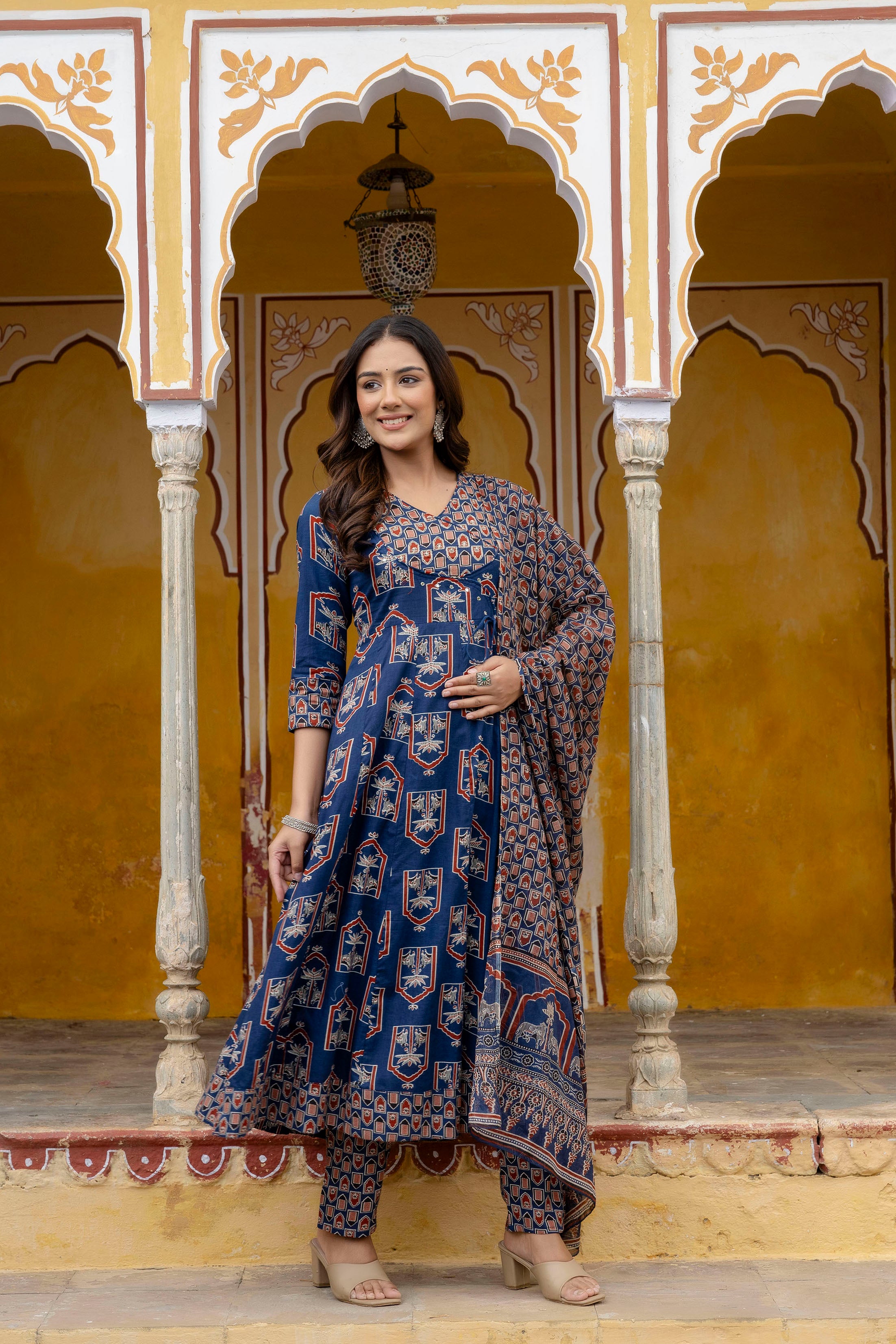 Ajrakh-inspired ethnic handblock printed Angarkha style Kurta with Pant & Printed Dupatta