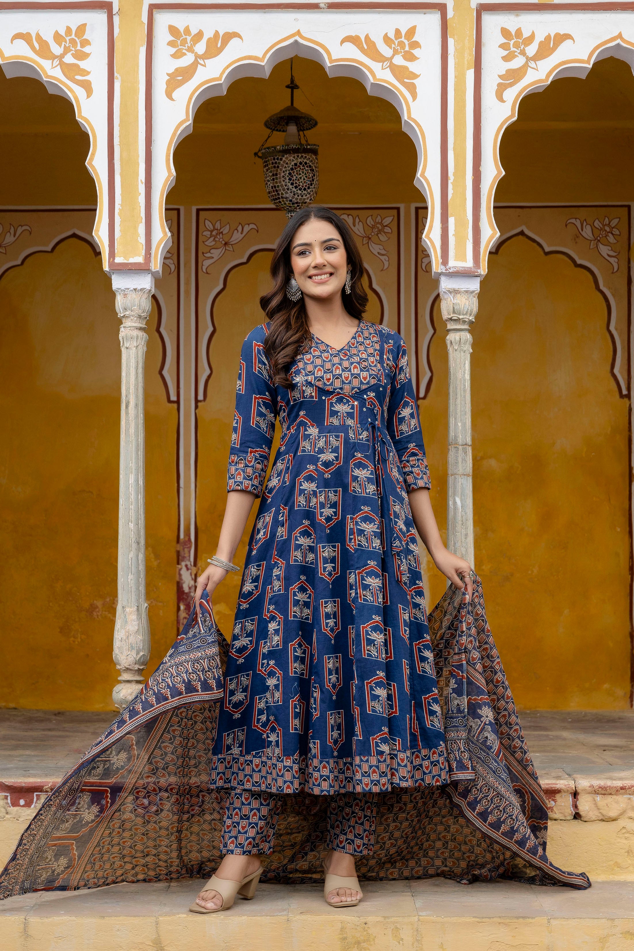 Ajrakh-inspired ethnic handblock printed Angarkha style Kurta with Pant & Printed Dupatta