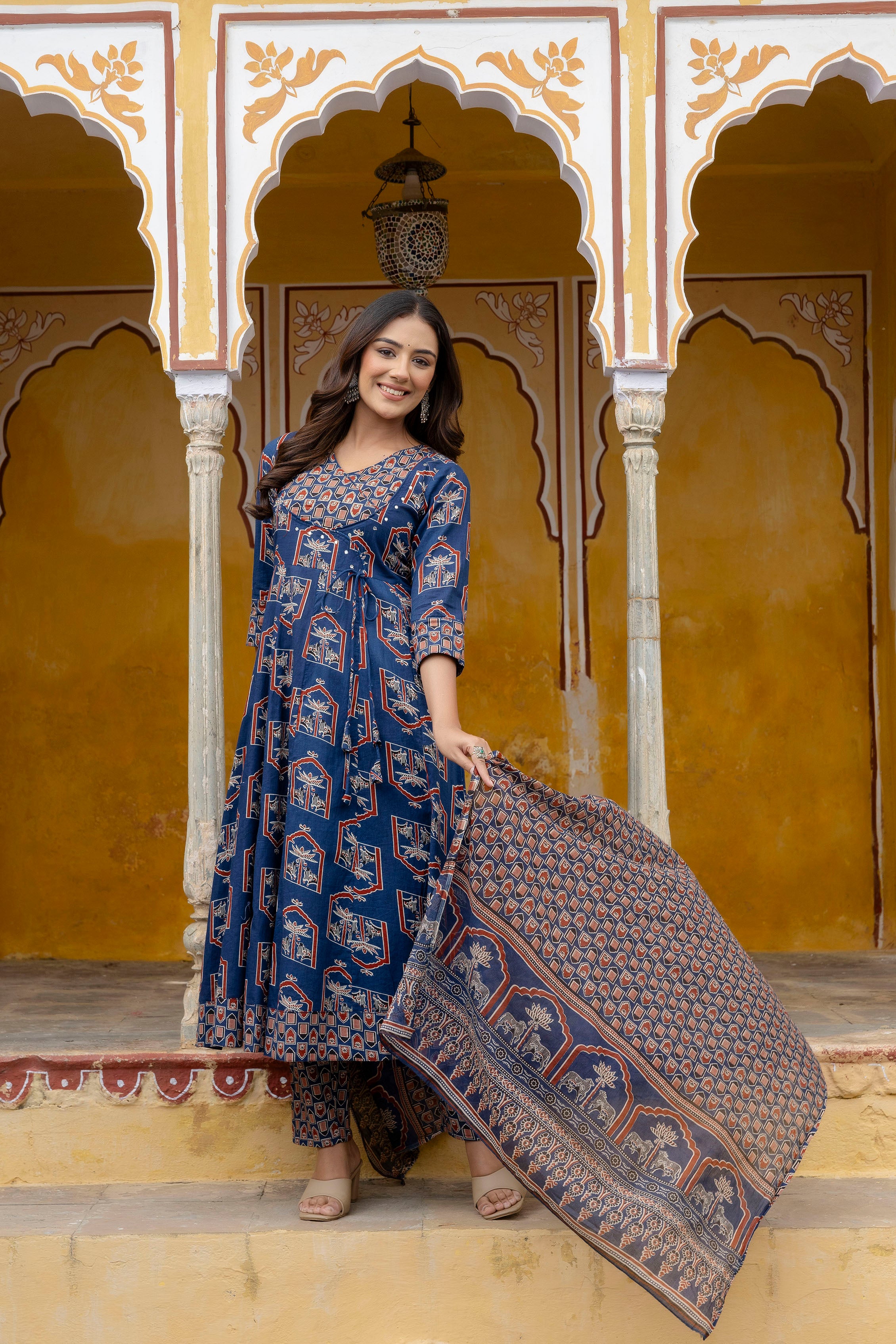 Ajrakh-inspired ethnic handblock printed Angarkha style Kurta with Pant & Printed Dupatta