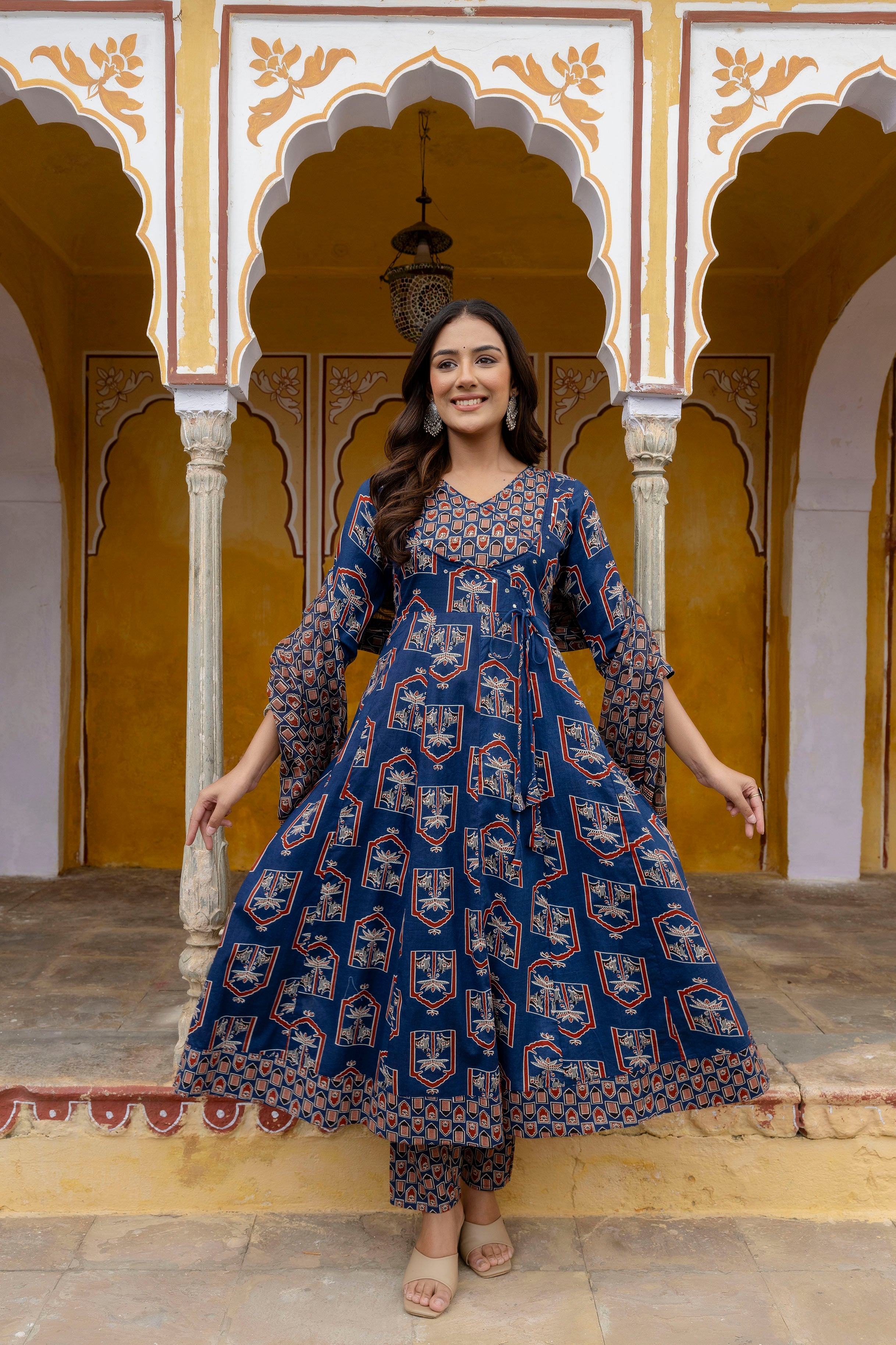 Ajrakh-inspired ethnic handblock printed Angarkha style Kurta with Pant & Printed Dupatta