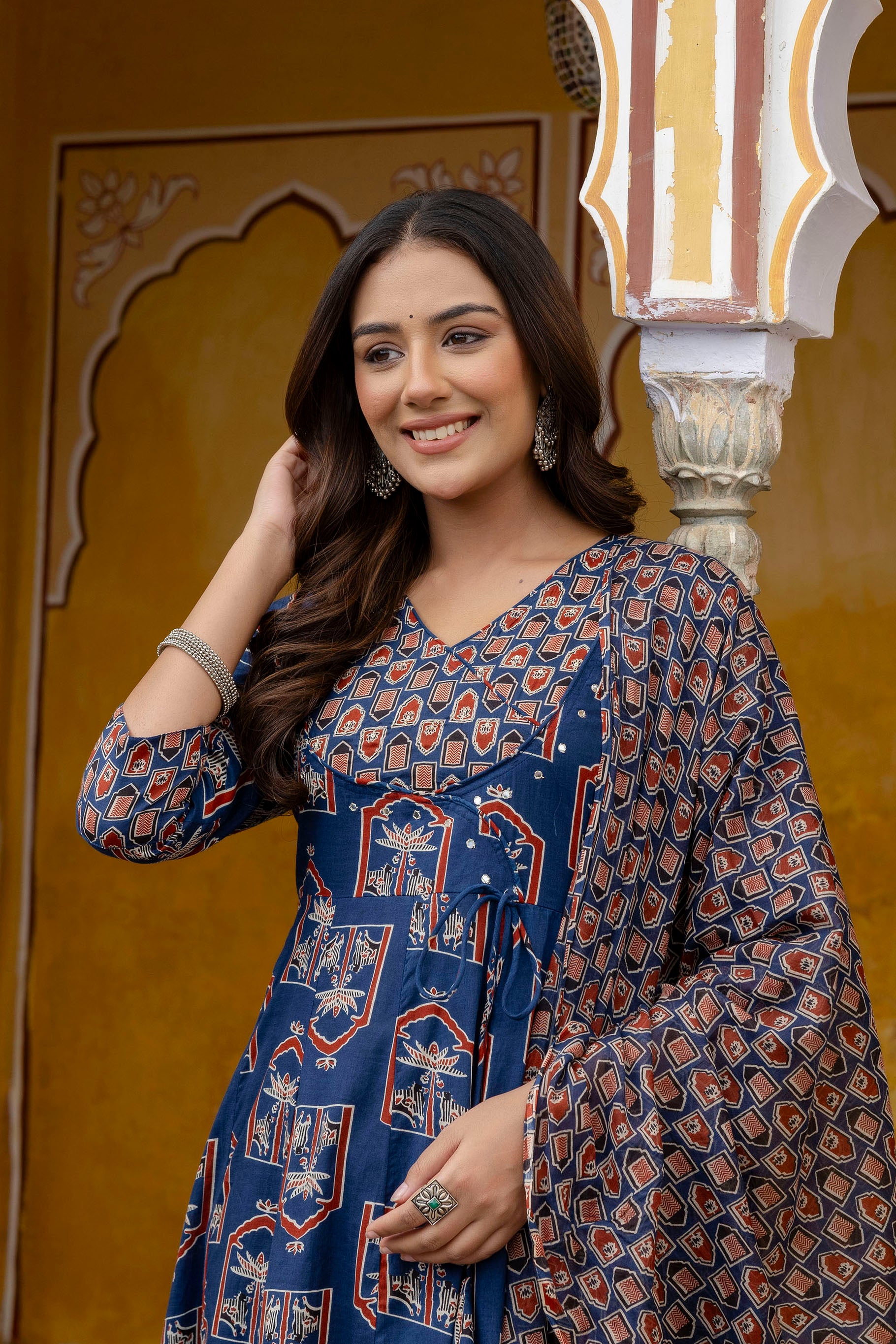 Ajrakh-inspired ethnic handblock printed Angarkha style Kurta with Pant & Printed Dupatta