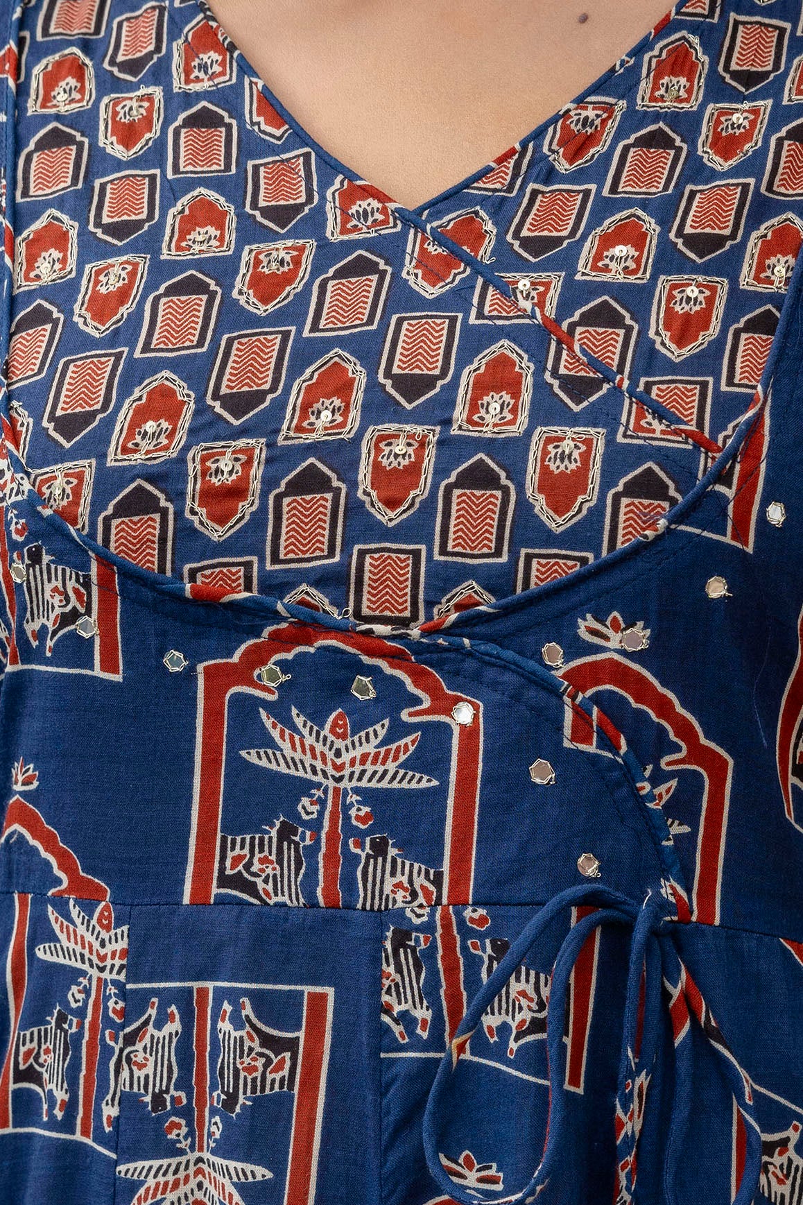 Ajrakh-inspired ethnic handblock printed Angarkha style Kurta with Pant & Printed Dupatta