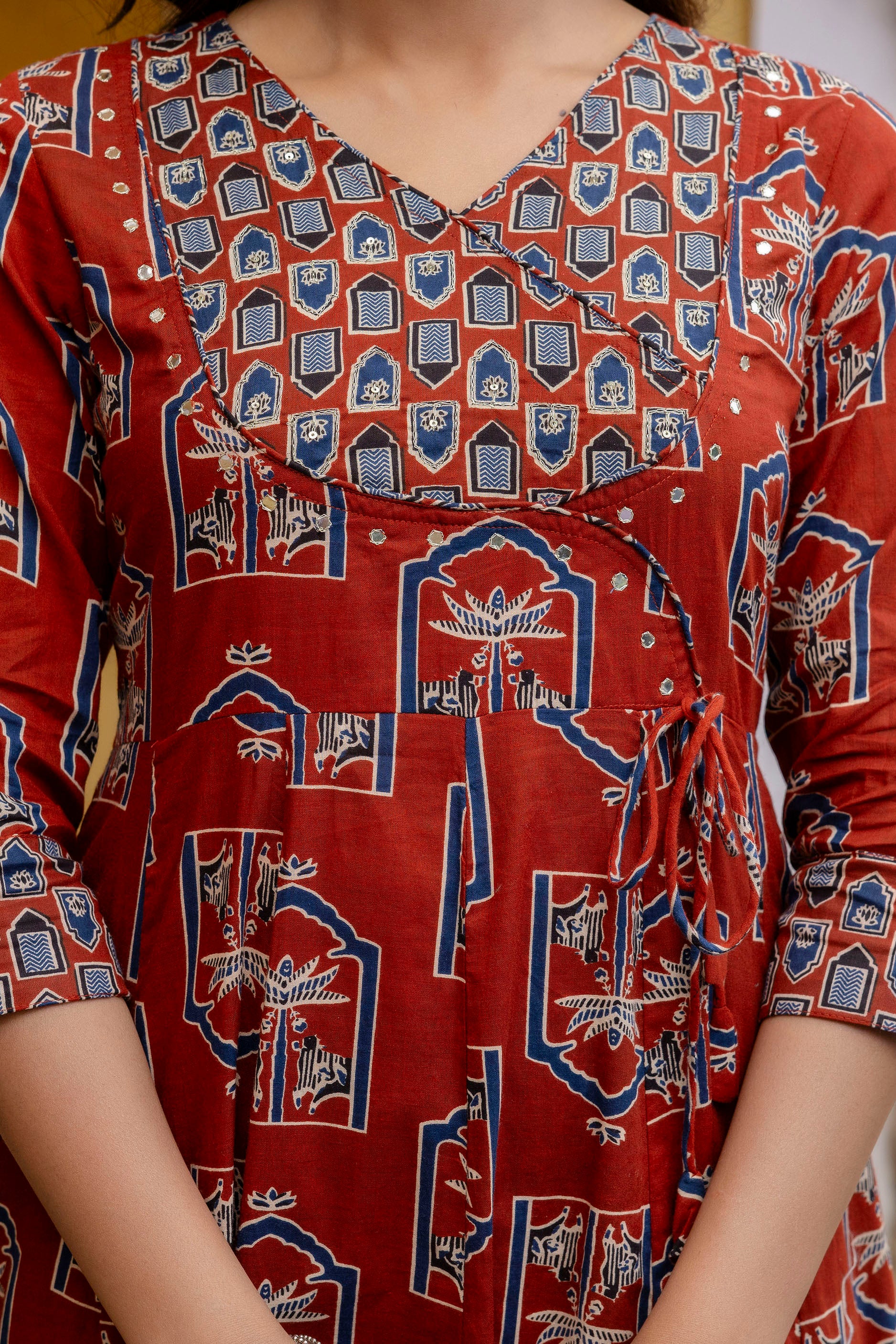 Ajrakh-inspired ethnic handblock printed Angarkha style Kurta with Pant & Printed Dupatta