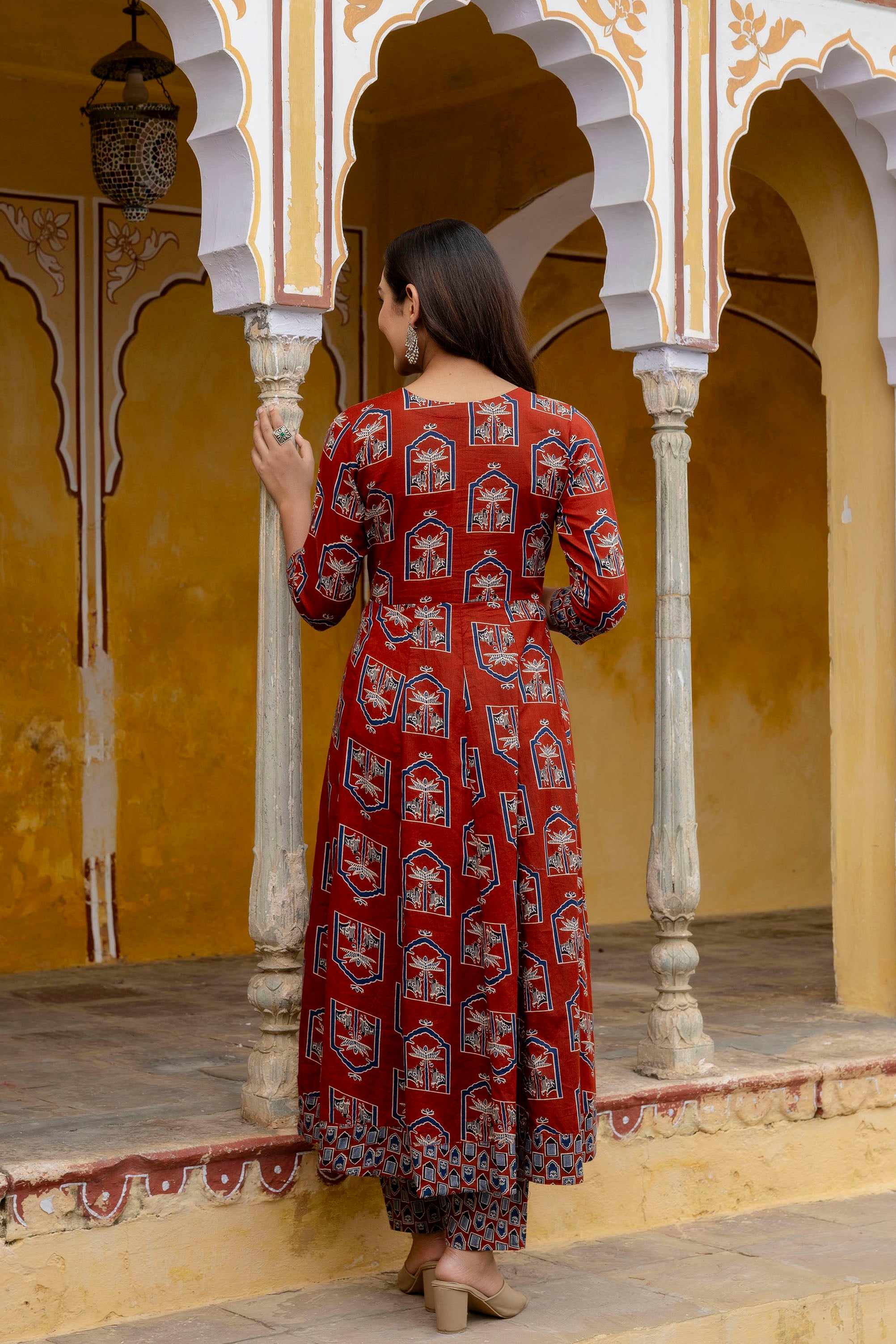 Ajrakh-inspired ethnic handblock printed Angarkha style Kurta with Pant & Printed Dupatta