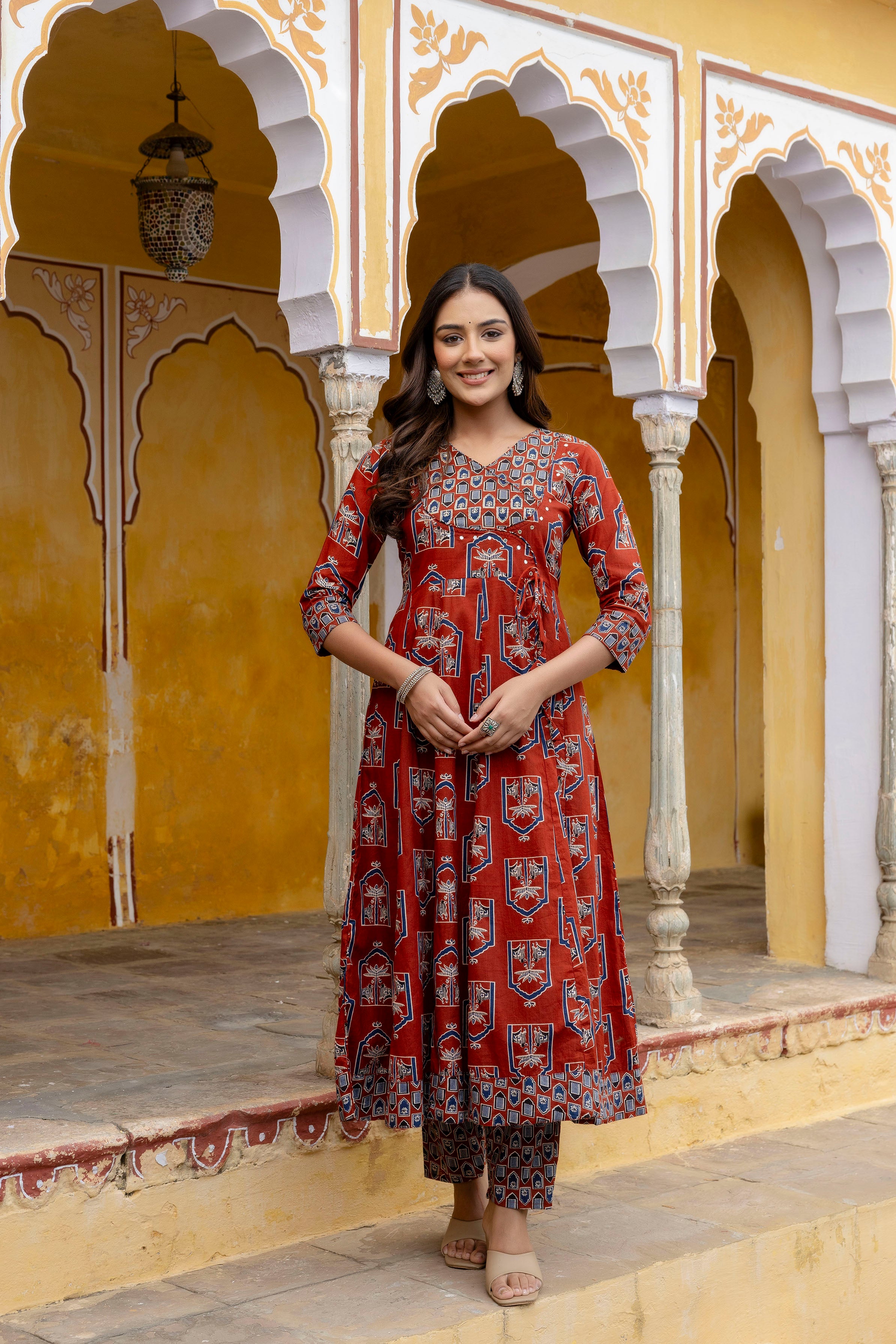 Ajrakh-inspired ethnic handblock printed Angarkha style Kurta with Pant & Printed Dupatta