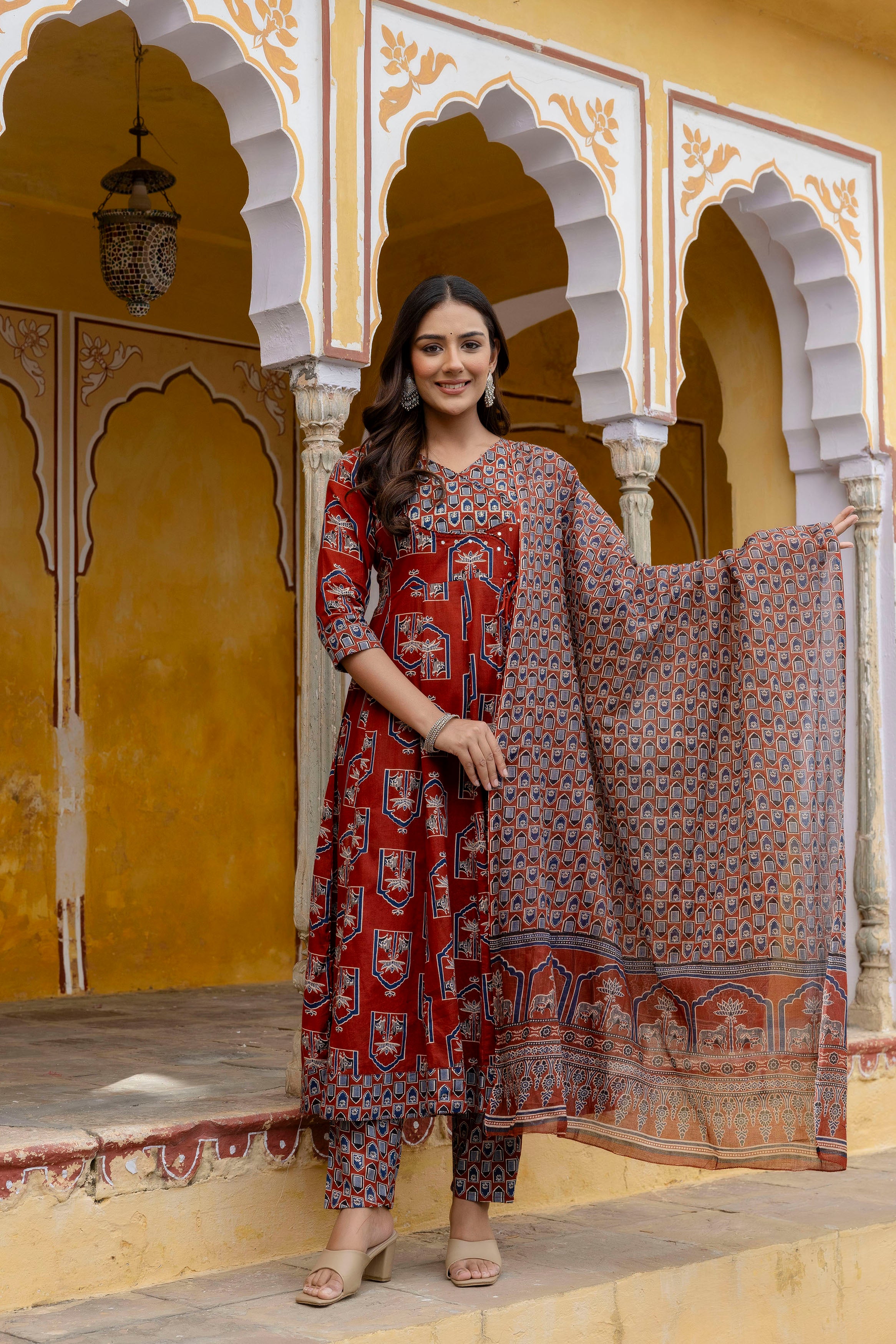 Ajrakh-inspired ethnic handblock printed Angarkha style Kurta with Pant & Printed Dupatta