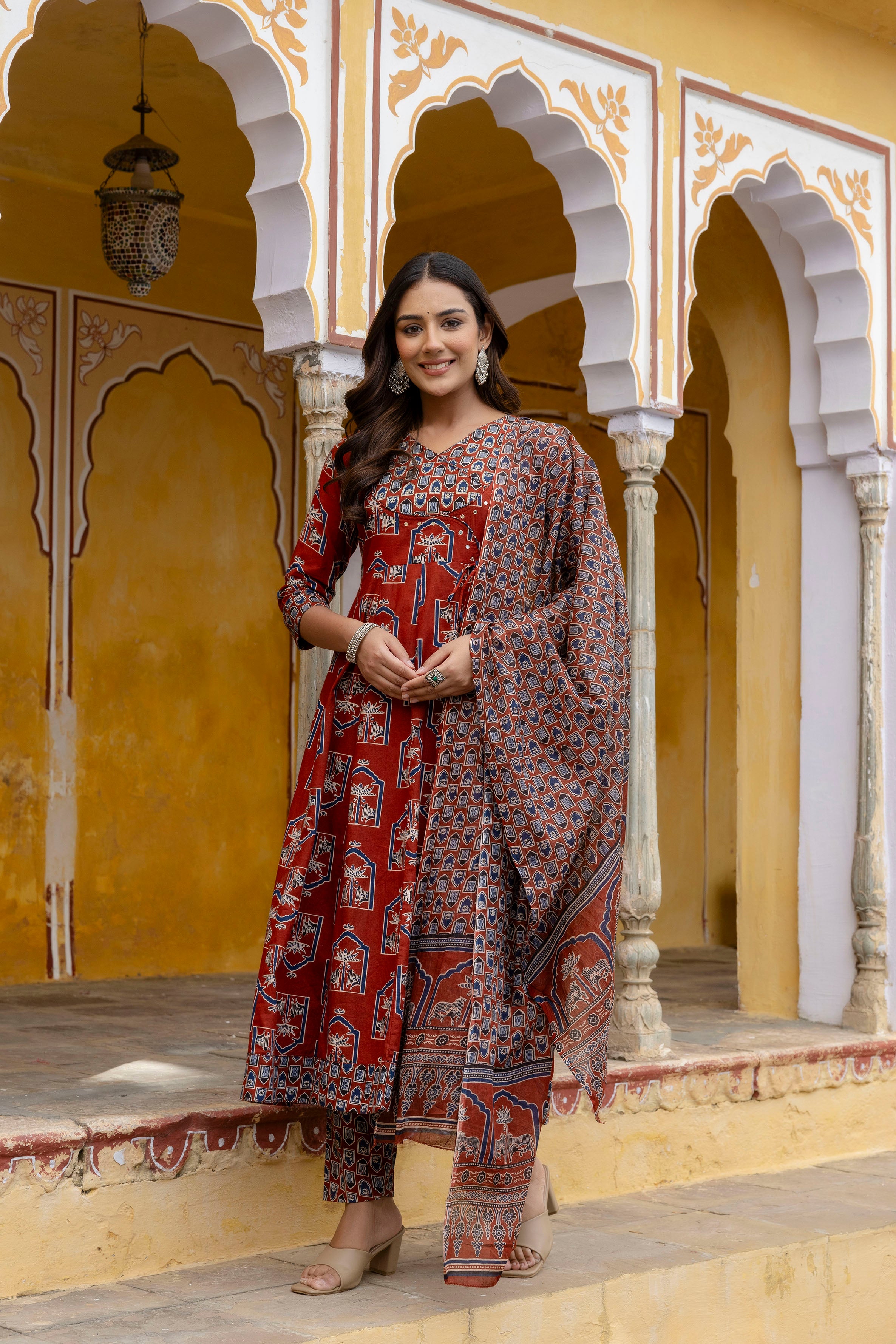 Ajrakh-inspired ethnic handblock printed Angarkha style Kurta with Pant & Printed Dupatta