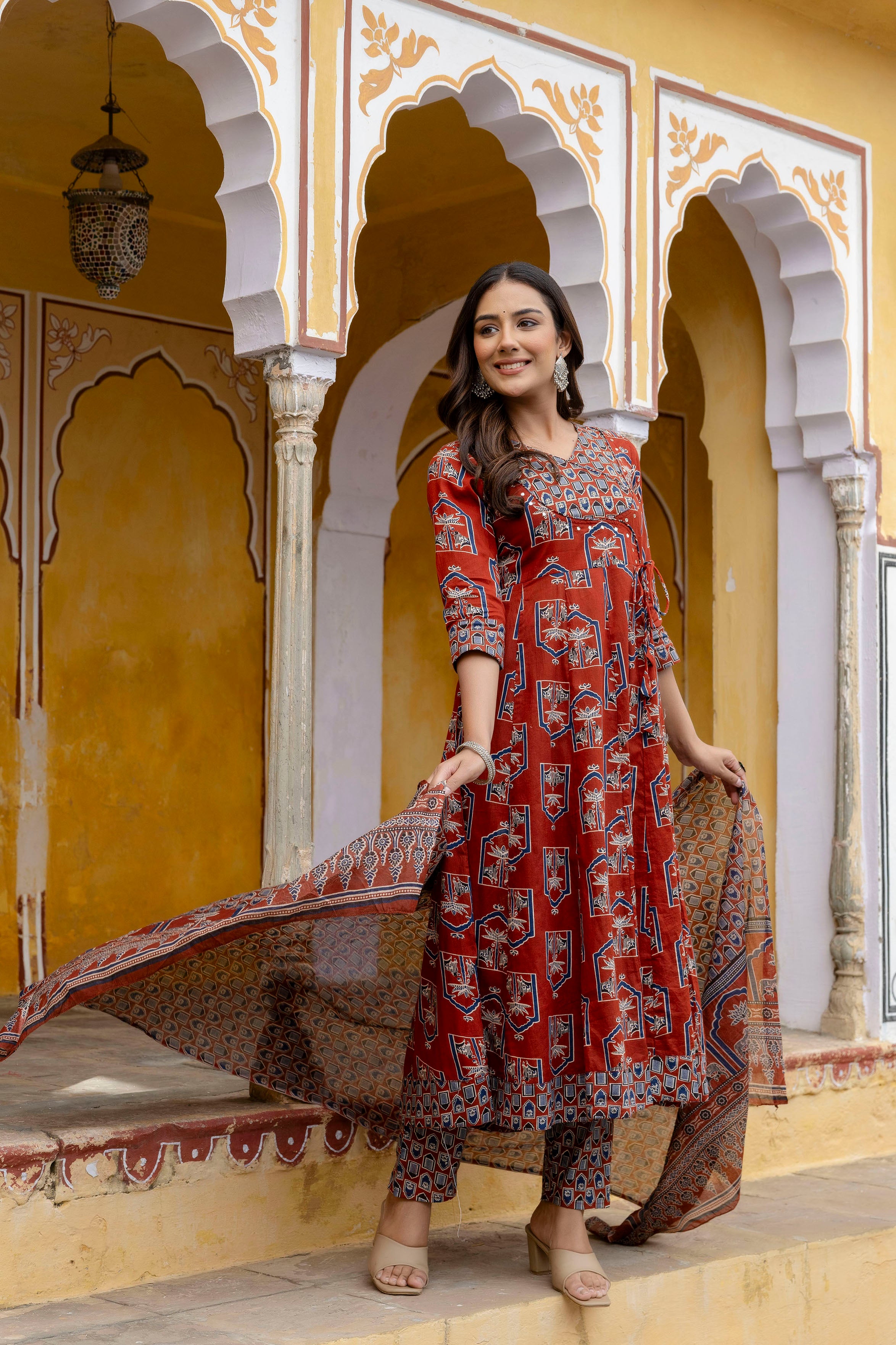 Ajrakh-inspired ethnic handblock printed Angarkha style Kurta with Pant & Printed Dupatta