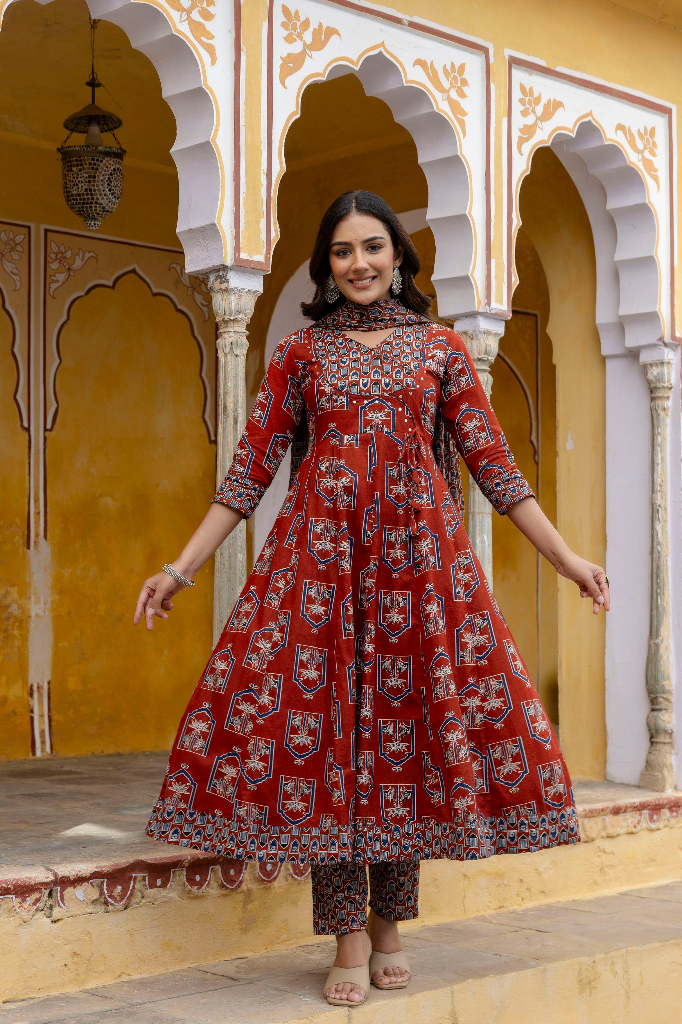 Ajrakh-inspired ethnic handblock printed Angarkha style Kurta with Pant & Printed Dupatta