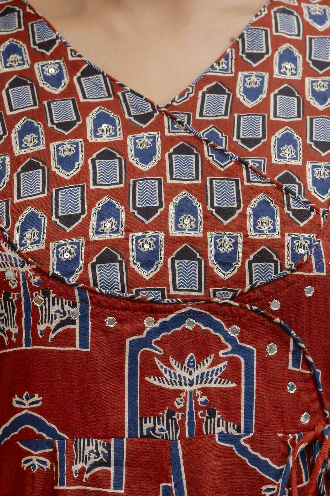 Ajrakh-inspired ethnic handblock printed Angarkha style Kurta with Pant & Printed Dupatta