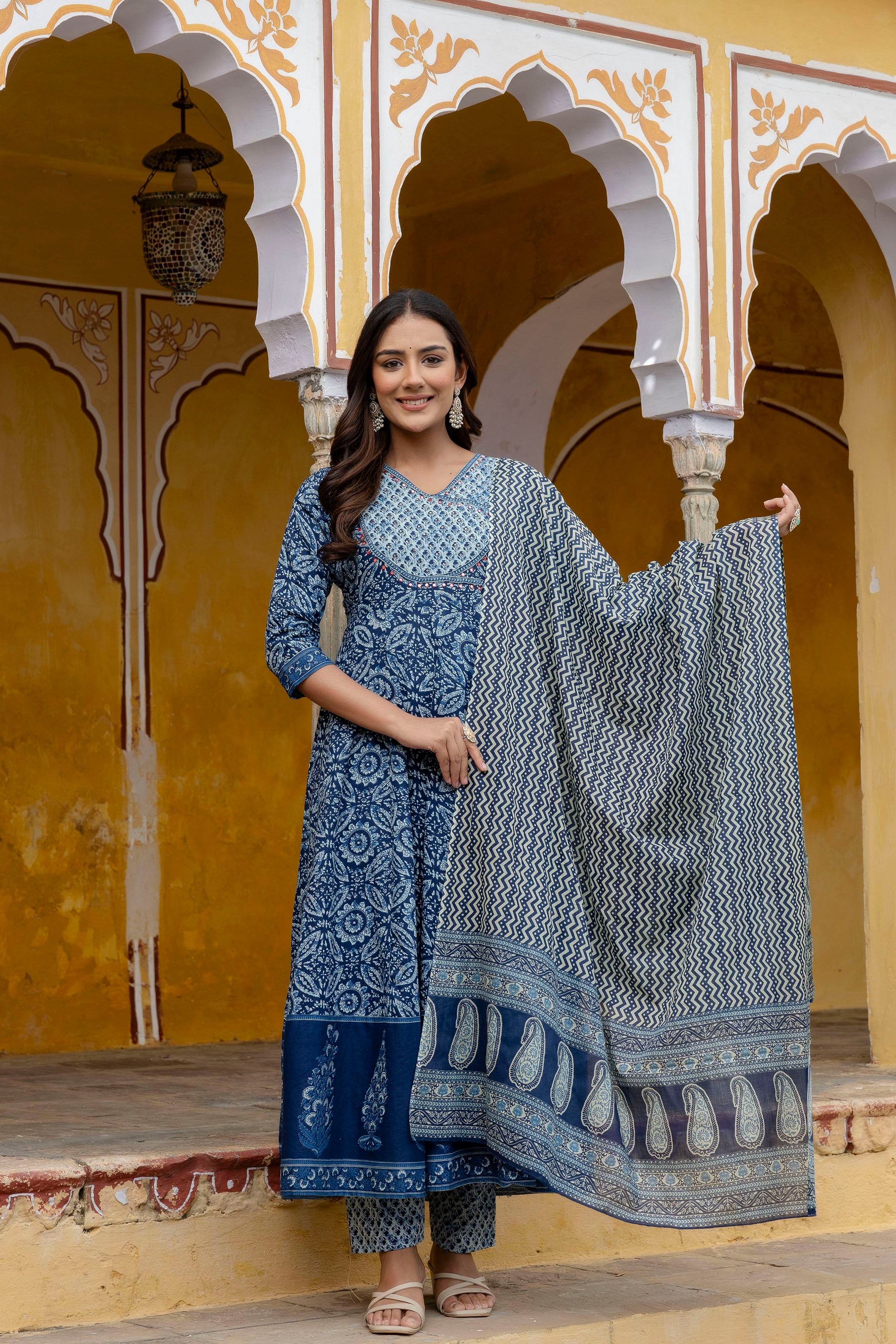 Embroidered Anarkali Kurta with Pant & Printed Dupatta