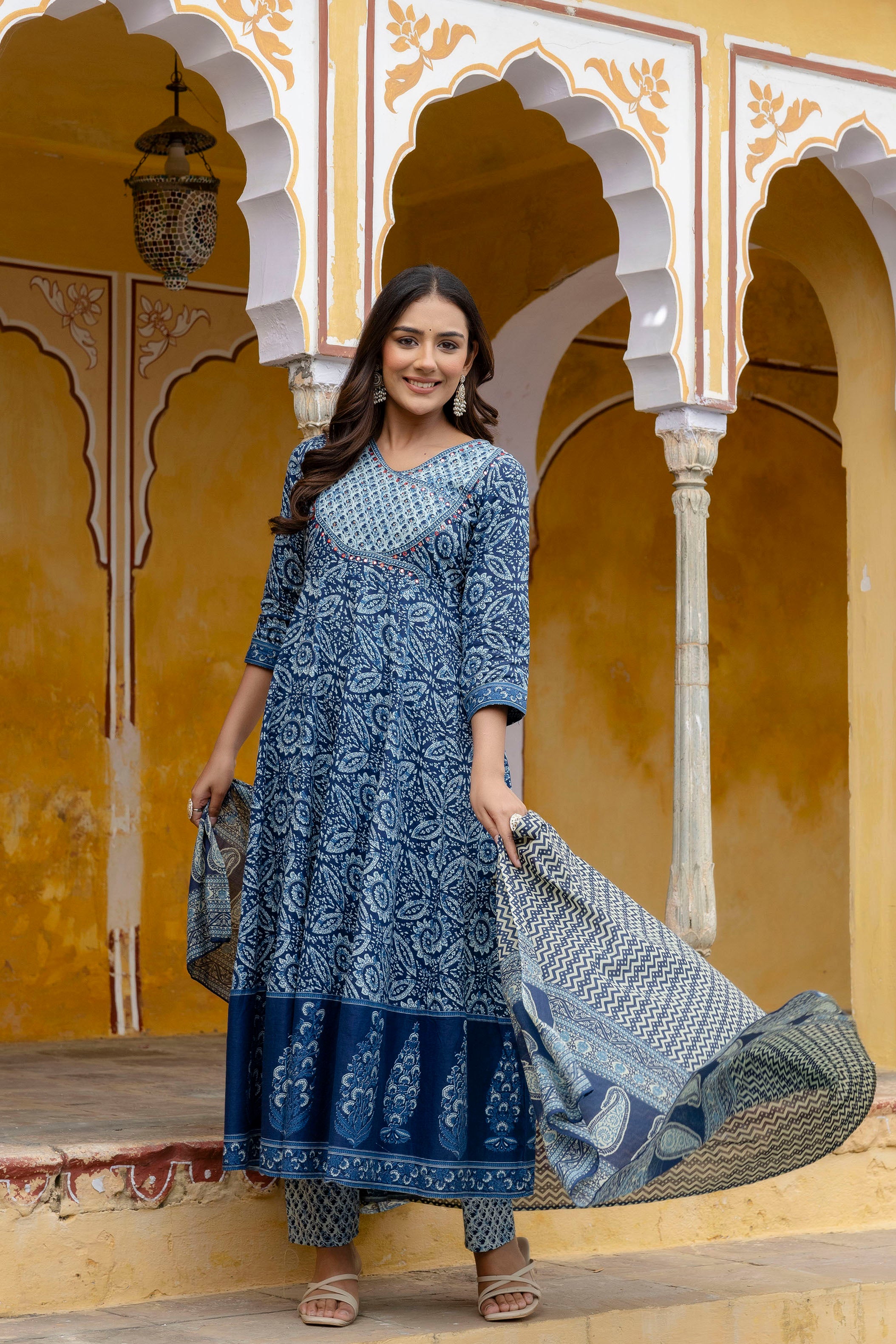 Embroidered Anarkali Kurta with Pant & Printed Dupatta