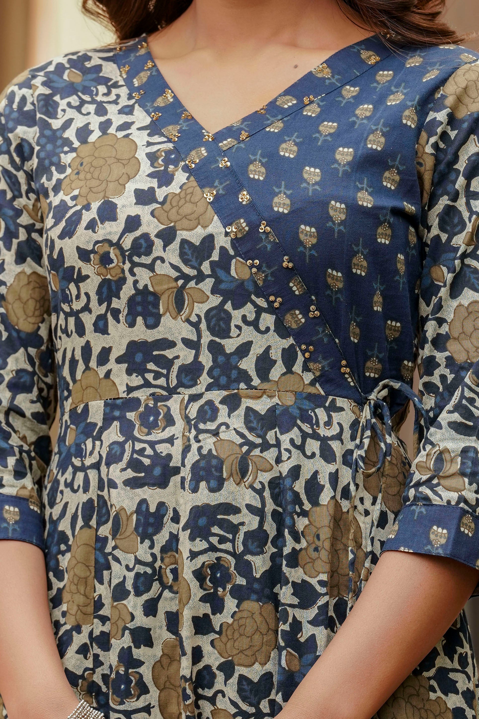 Embroidered & Floral Printed Angarkha style Kurta with matching Pant & Dupatta