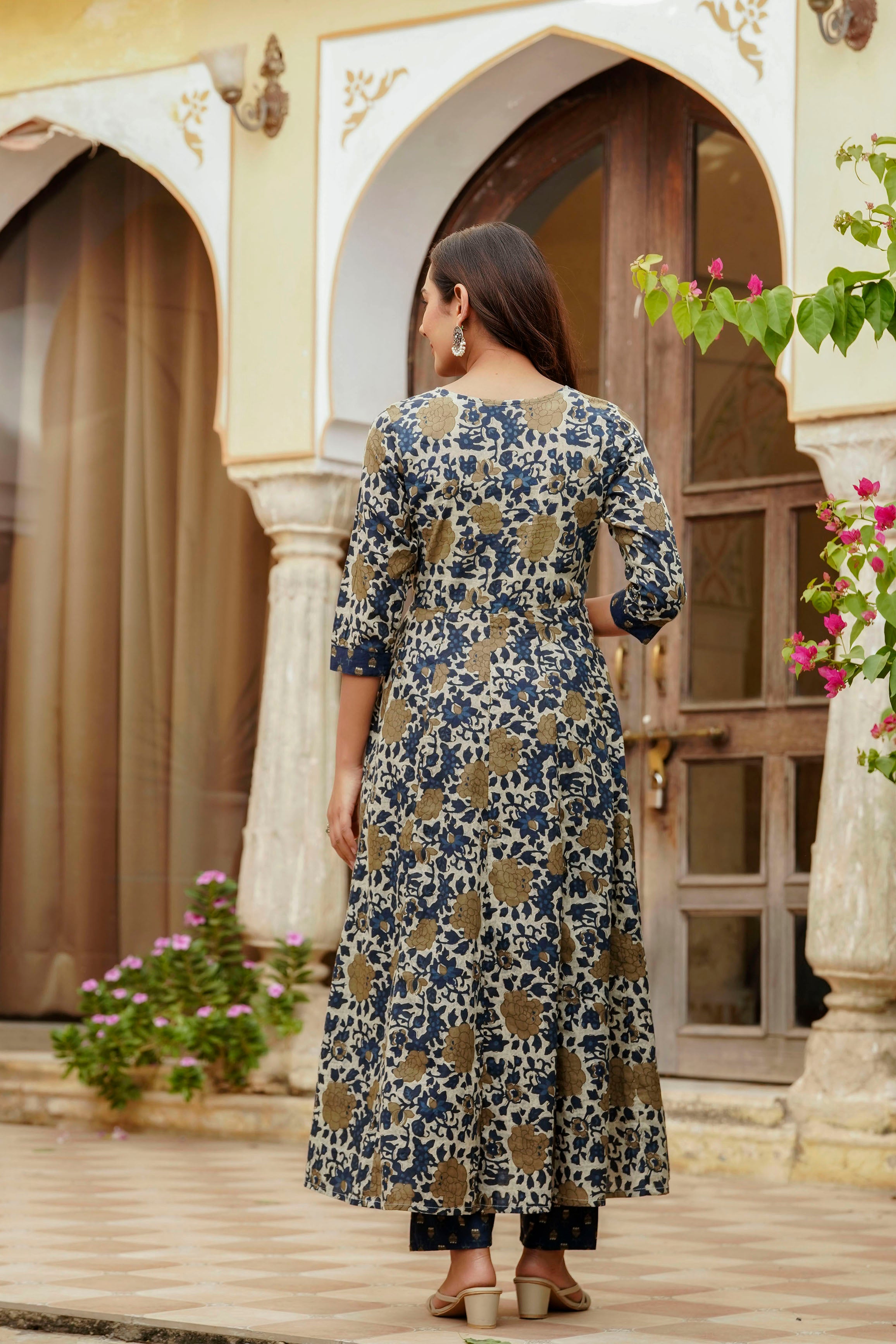Embroidered & Floral Printed Angarkha style Kurta with matching Pant & Dupatta