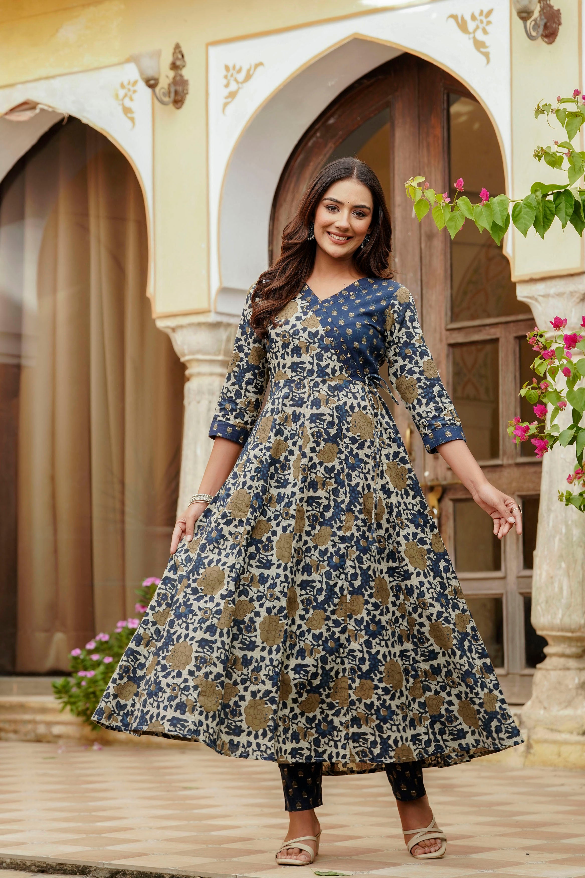 Embroidered & Floral Printed Angarkha style Kurta with matching Pant & Dupatta