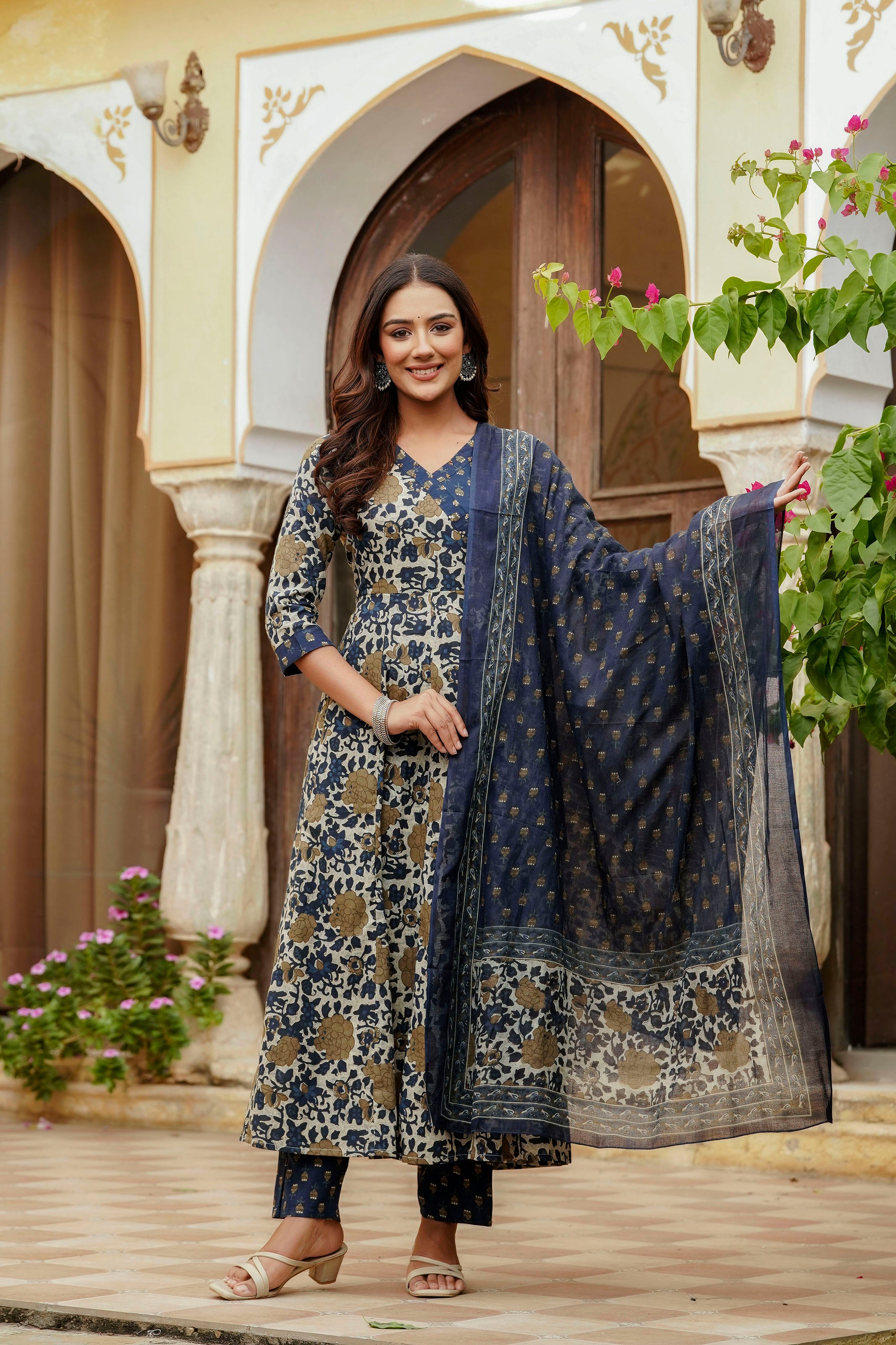 Embroidered & Floral Printed Angarkha style Kurta with matching Pant & Dupatta