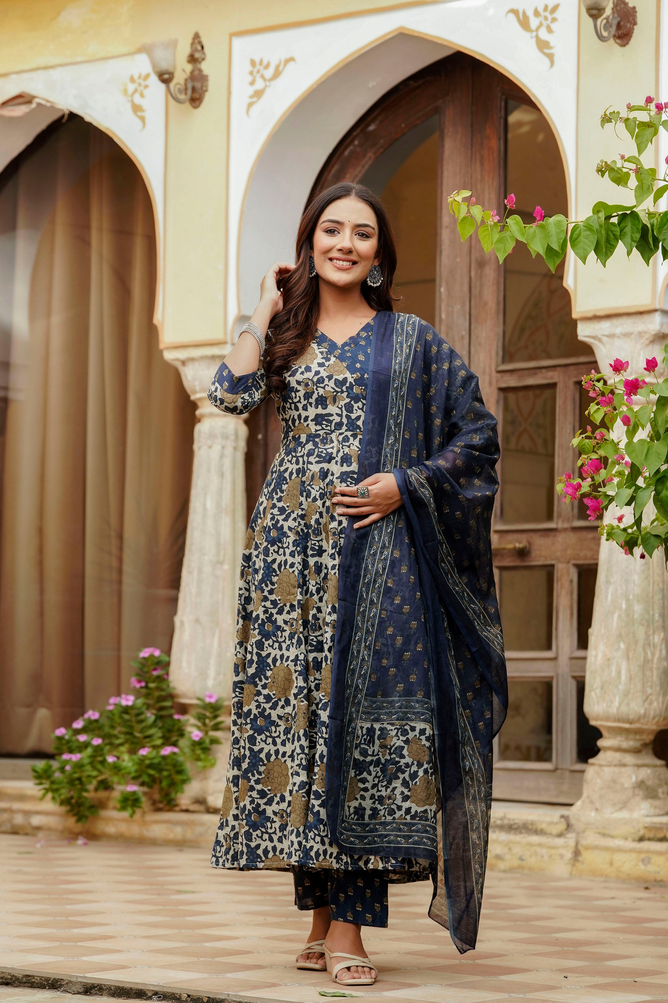 Embroidered & Floral Printed Angarkha style Kurta with matching Pant & Dupatta