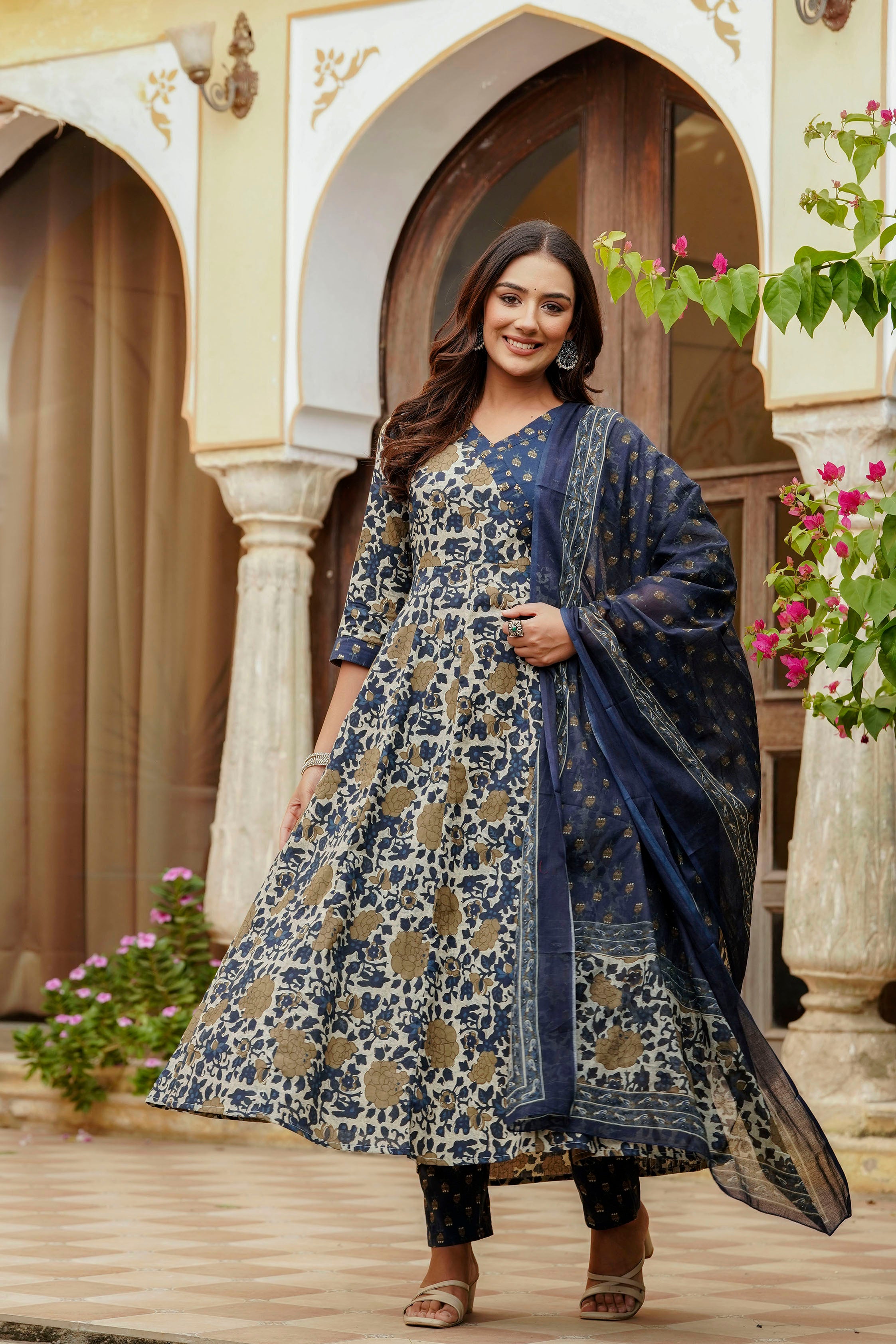 Embroidered & Floral Printed Angarkha style Kurta with matching Pant & Dupatta