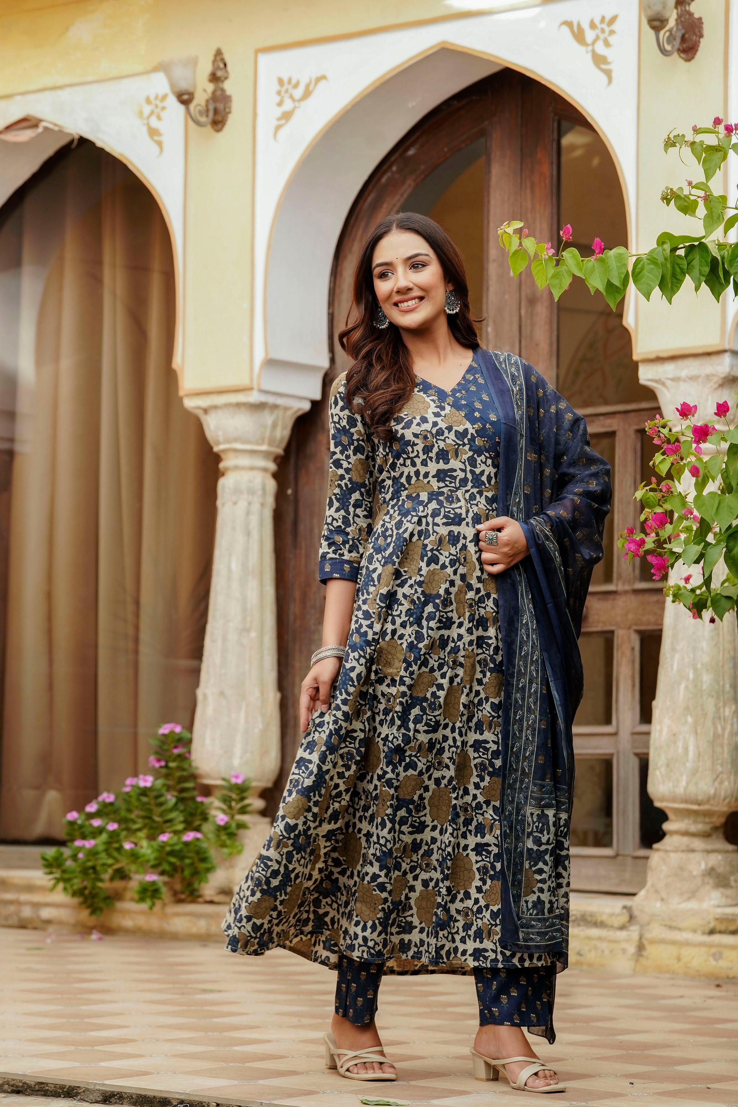 Embroidered & Floral Printed Angarkha style Kurta with matching Pant & Dupatta