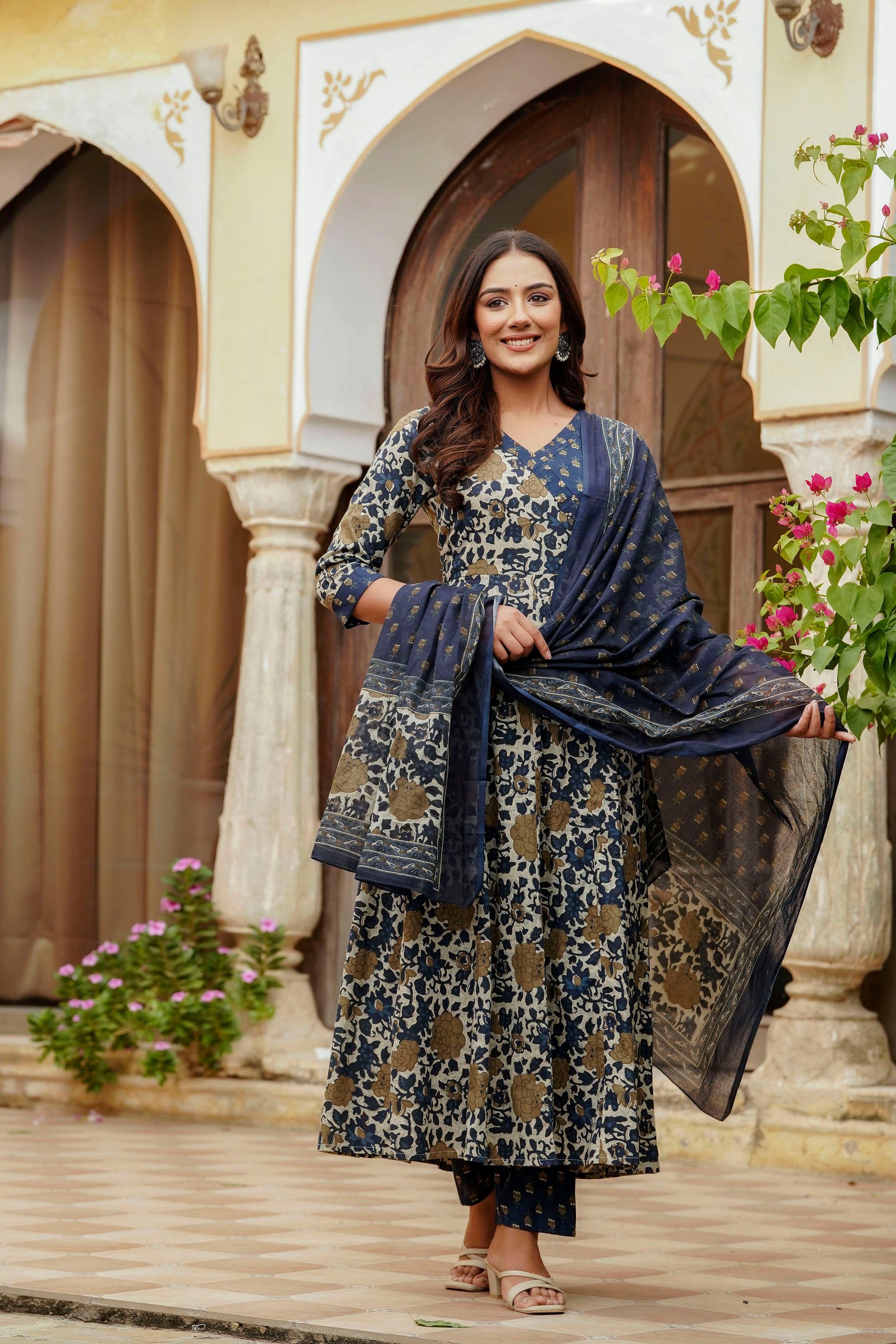 Embroidered & Floral Printed Angarkha style Kurta with matching Pant & Dupatta