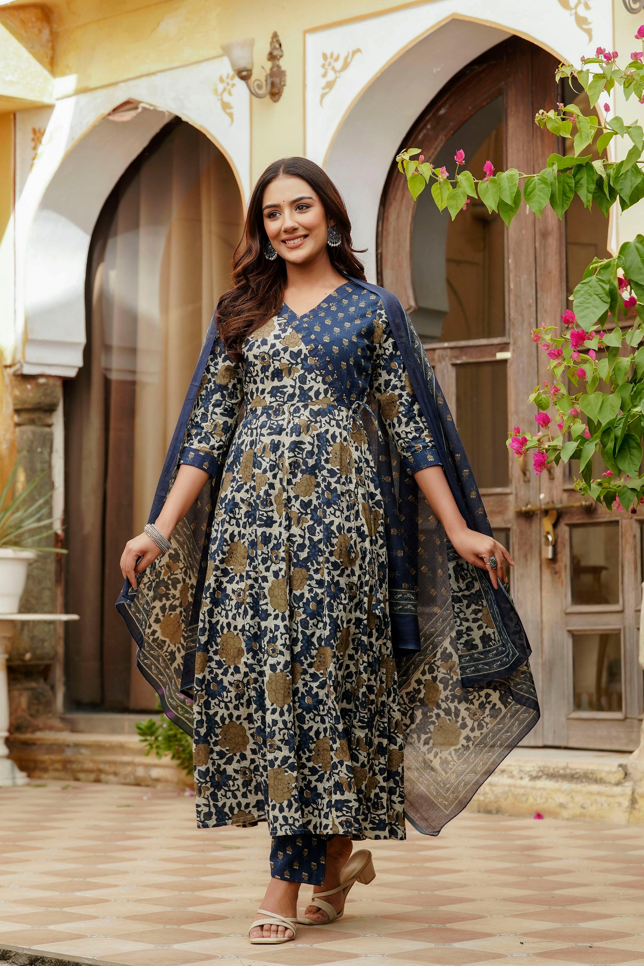 Embroidered & Floral Printed Angarkha style Kurta with matching Pant & Dupatta