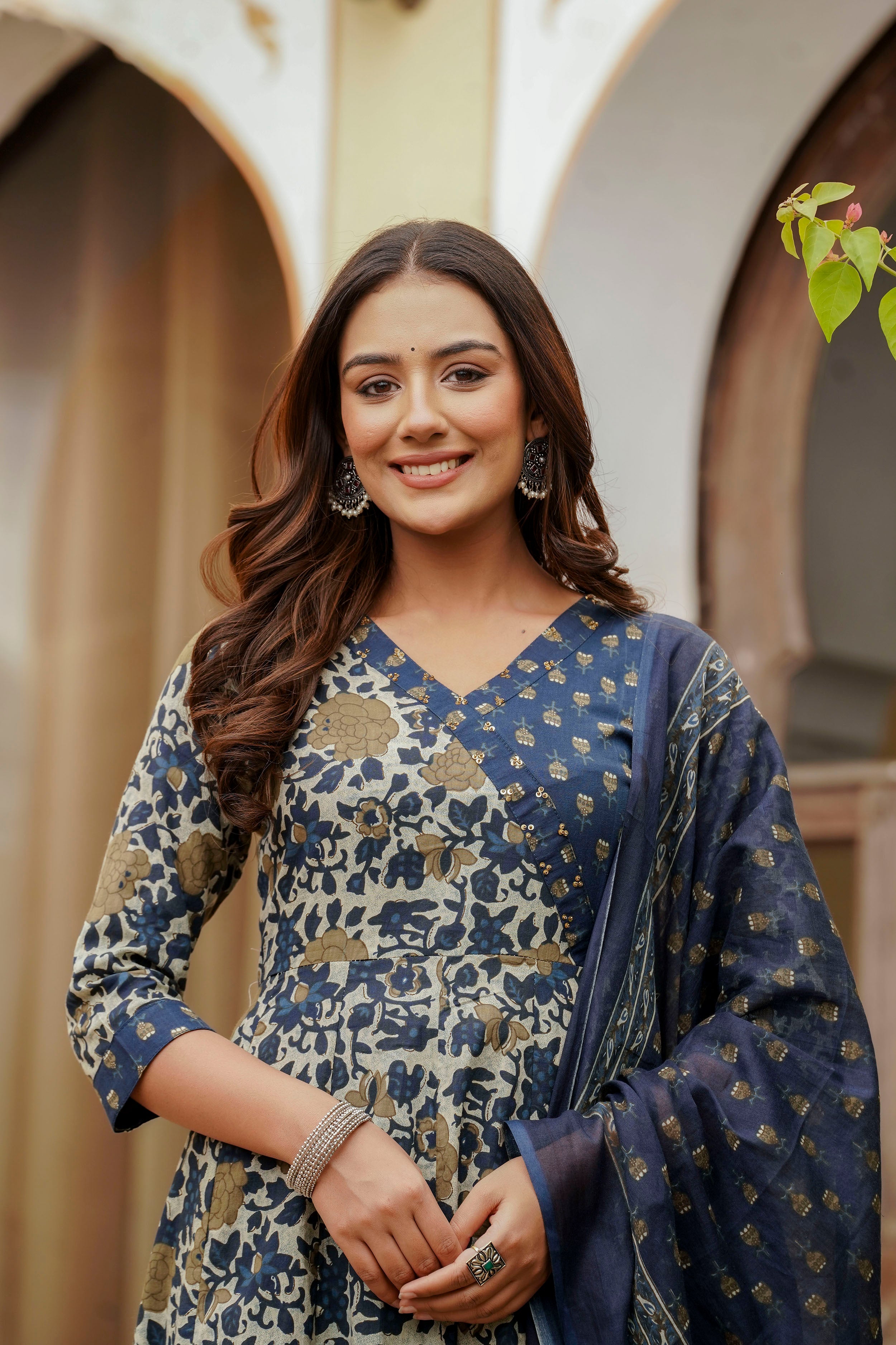 Embroidered & Floral Printed Angarkha style Kurta with matching Pant & Dupatta