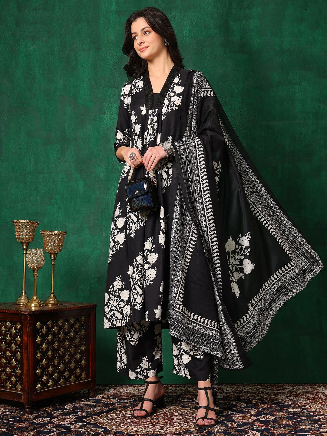 Embroidered & Printed Flared kurta with pant & Dupatta