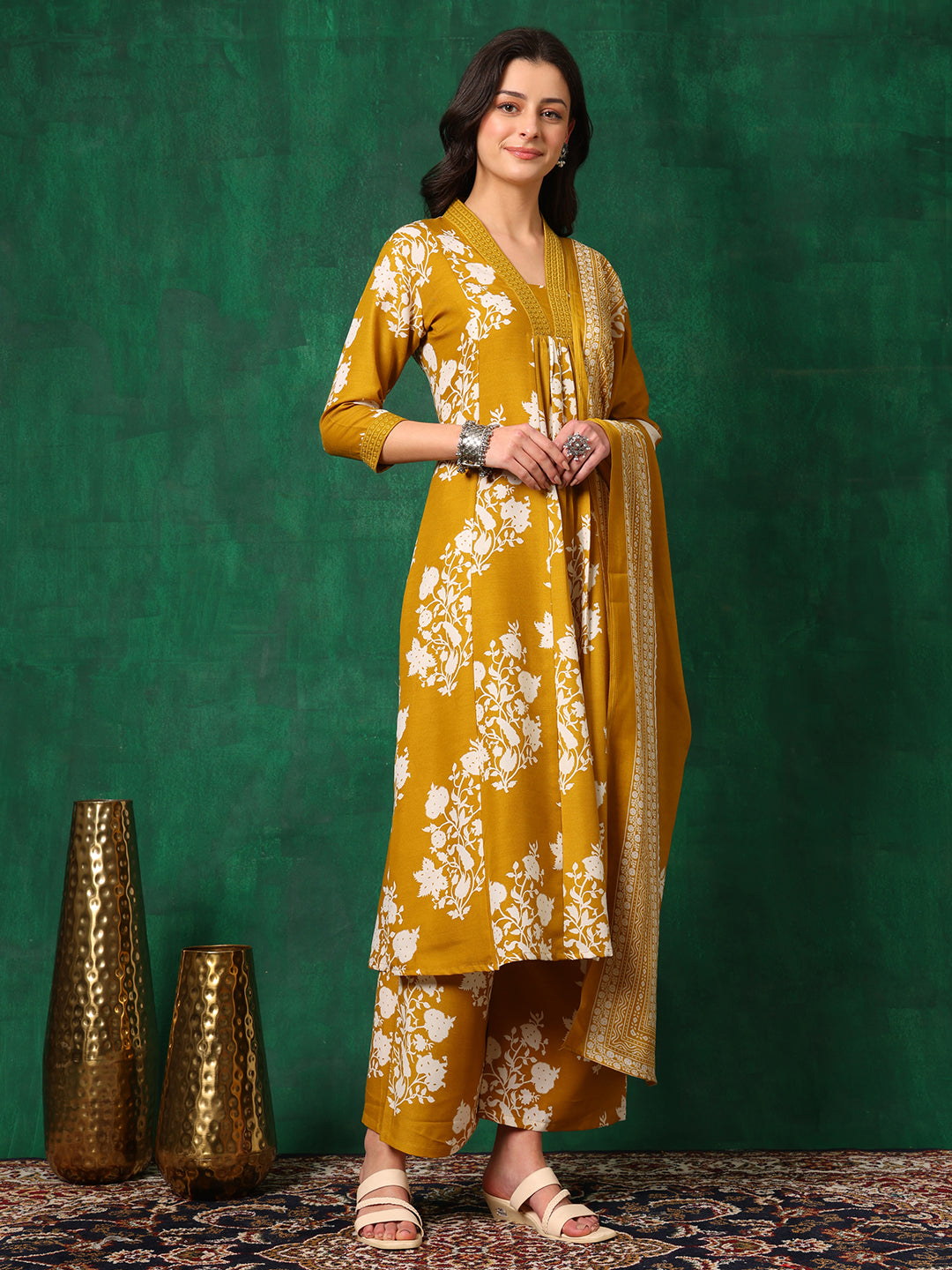 Embroidered & Printed Flared kurta with pant & Dupatta